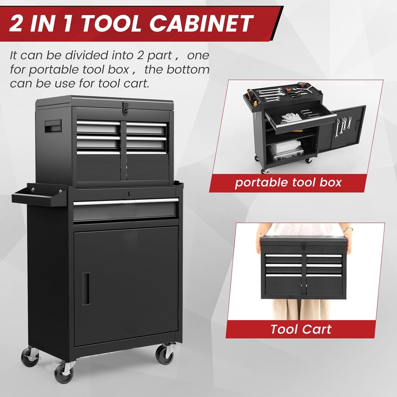 COOKCOK 4-Drawer Rolling Tool Chest, Tool Storage Cabinet w/Drawers, Wheels, Detachable Top & Adjustable Shelf, Mechanic Tool Organizer Box for Garage, Workshop, Warehouse & Repair Shop, Black