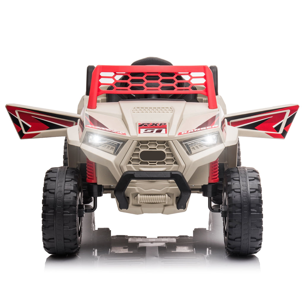 Track 7 12V Kids Ride on Truck, Electric Off-Road UTV Truck with Forward and Reverse Functions, Double Open Doors, Safety Belt, Music and Lights for Kids Aged 3-6 Years, 5 Mph Max Speed, Brown