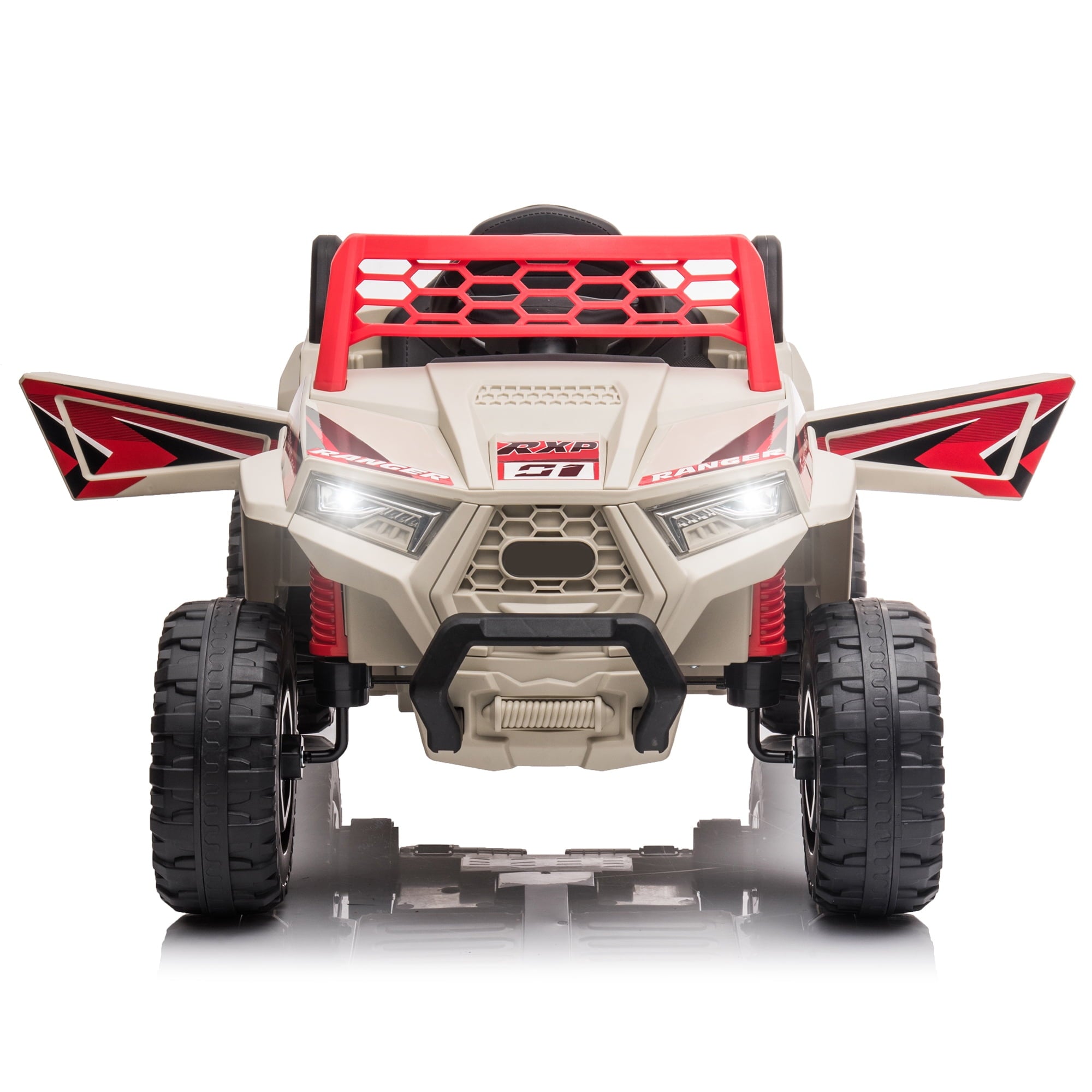 Track 7 12V Kids Ride on Truck, Electric Off-Road UTV Truck with Forward and Reverse Functions, Double Open Doors, Safety Belt, Music and Lights for Kids Aged 3-6 Years, 5 Mph Max Speed, Brown