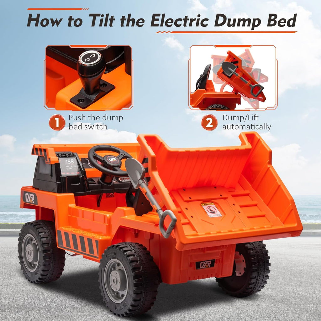 Track 7 Kids Ride on Car, 12V Ride on Dump Truck, Electric Car with Remote Control, Music, USB, Story, Electric Dump Bed and Extra Shovel, Phone stand