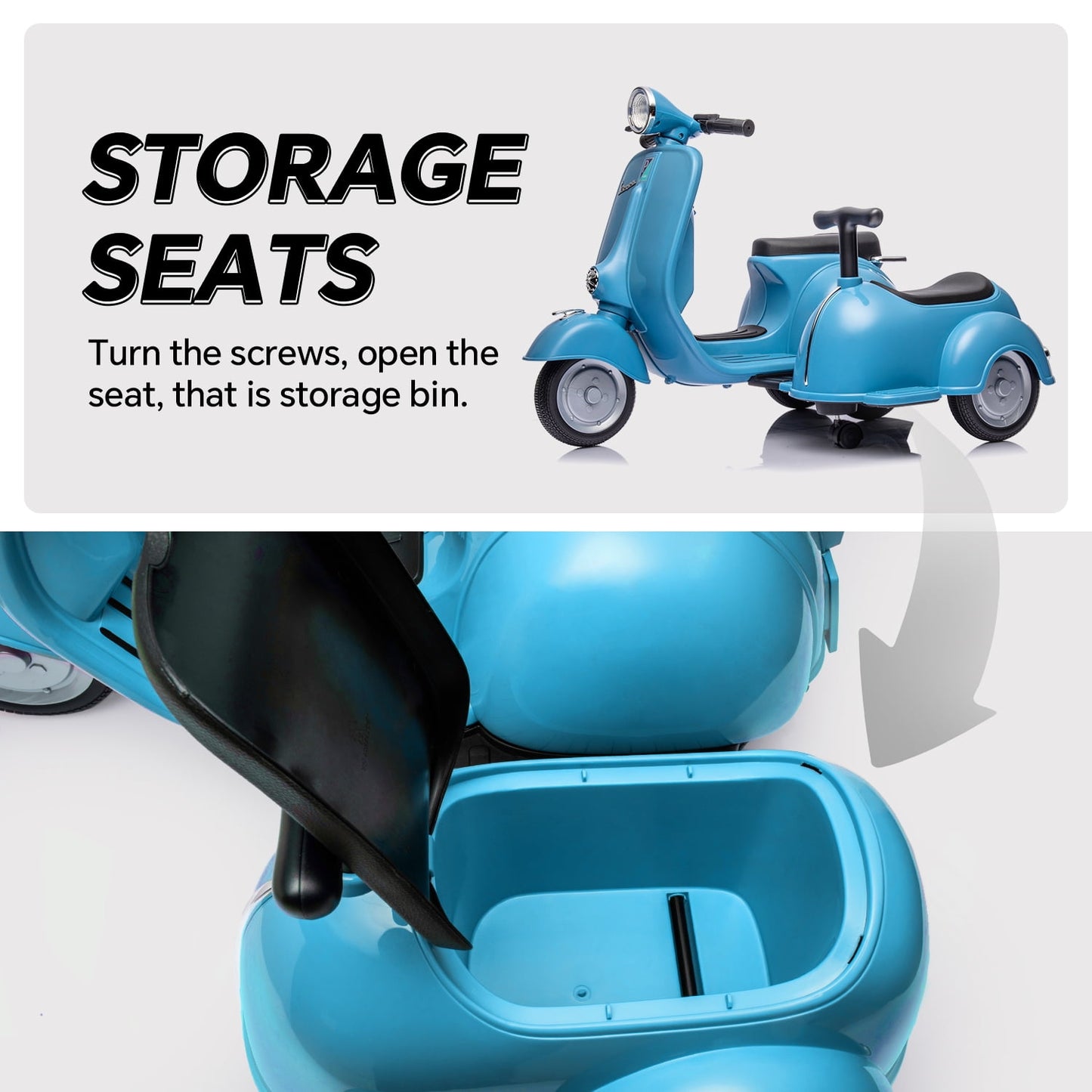 Track Seven 2-Seater Ride on Motorcycle, Licensed Vespa Electric Motorcycle with Side Car, 2-Seater Ride on Car, Music, Storage Bin, Max Speed 3.7mph, Blue