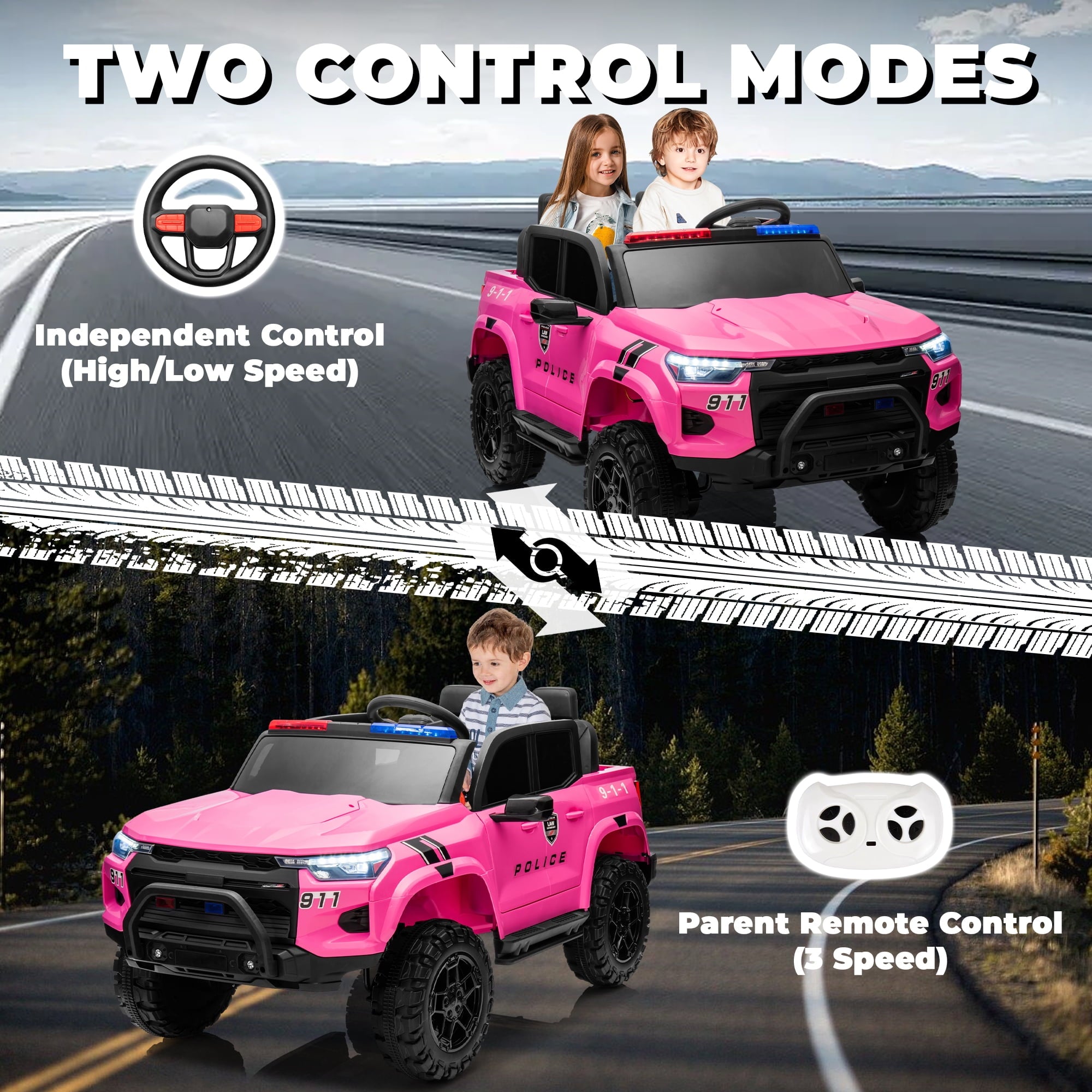 SUSIELADY 24V Kids Ride on Police Car, 2-Seater Kids Ride on Pickup, 4WD 800W Motors, with Remote Control, Bluetooth, LED Lights, Spring Suspension, for Kids Aged 3+