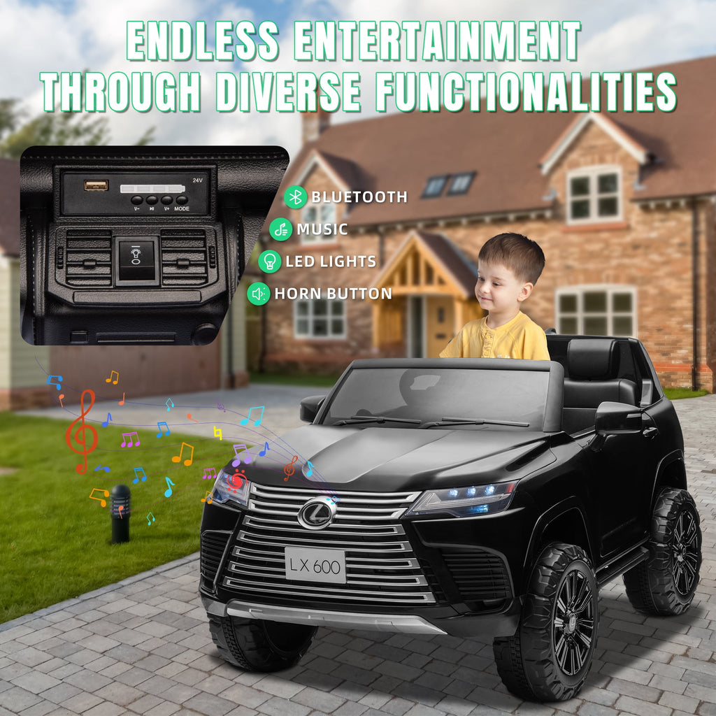 Track Seven 24V 2 Seater Ride on Car, Licensed LEXUS LX600 Electric Car with Remote, 20" Width Seat, Bluetooth, LED Lights, Key Start, Portable Handle, 24V Ride on for Boys Girls Age 3+, Black