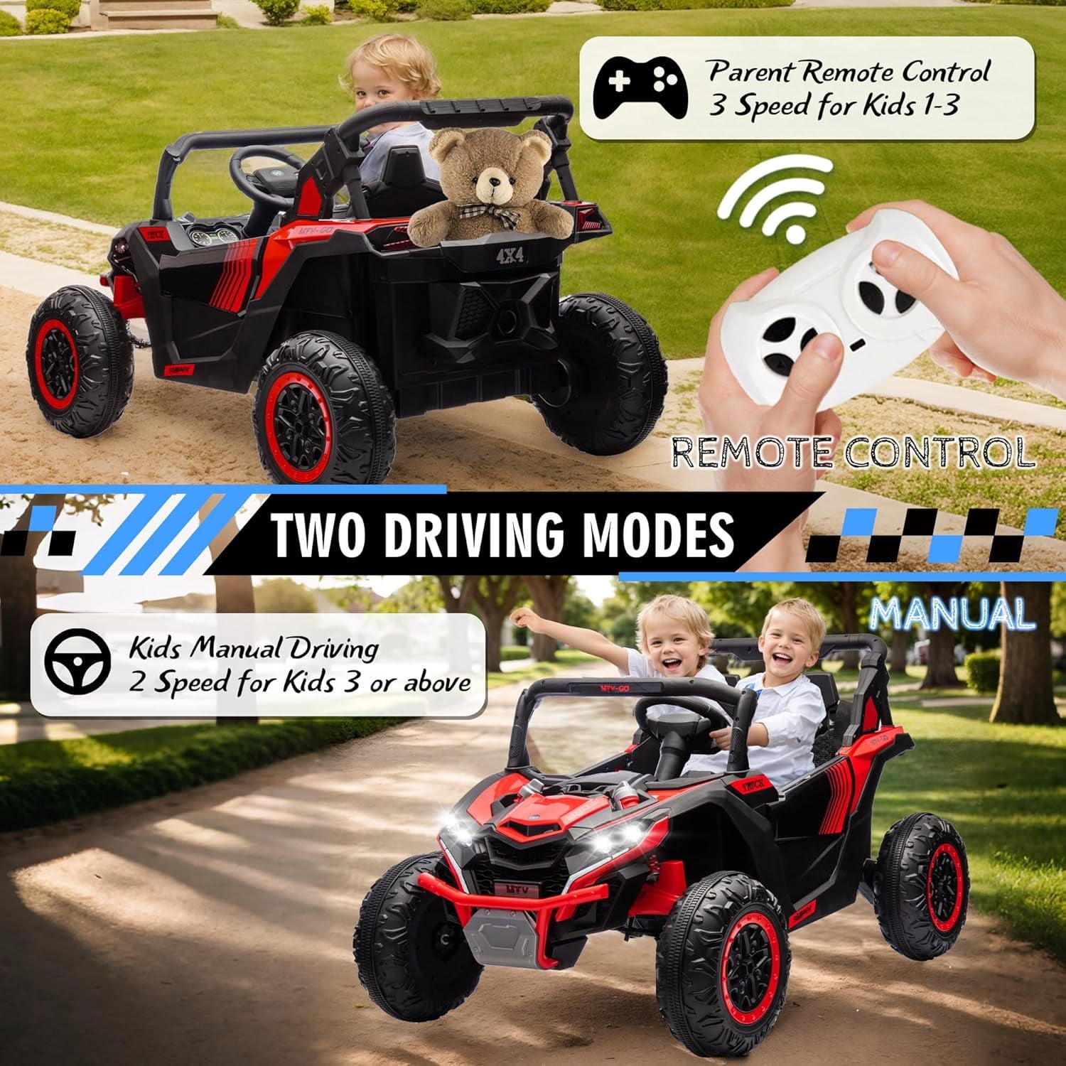 Track 7 24V 2-Seater Ride on UTV, 20" Large Seat, 2 x 200W Powerful Motors, 4.5 mph Max Speed, Ride on Car w/Remote Control, MP3, Lights, Battery Powered Electric Car for Boys Girls Age 3+, Red