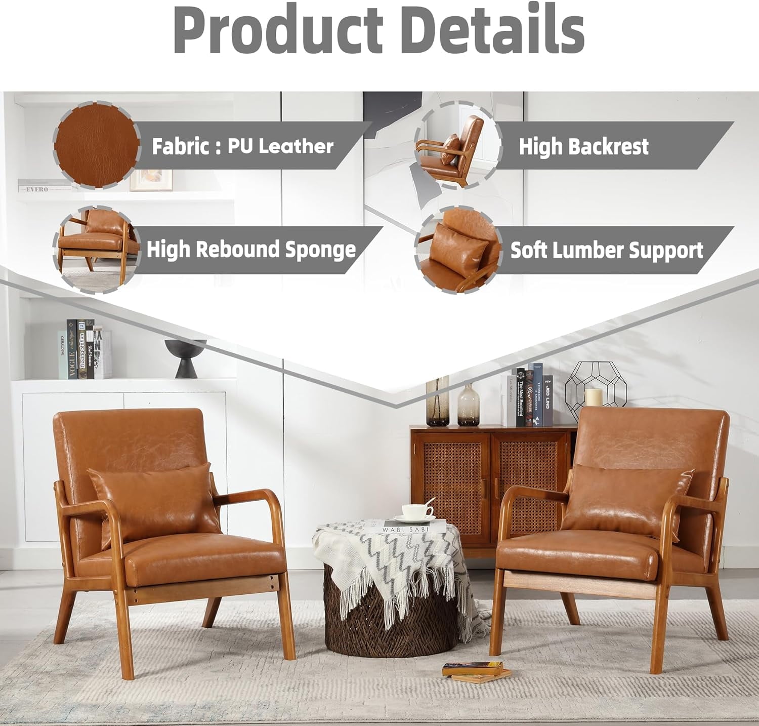 BISHE Mid Century Modern Accent Chair, Solid Wood Frame Lounge Armchair with PU Leather Upholstery & Included Pillow, Comfortable Reading Chair for Living Room or Office, PU Leather, Light Brown