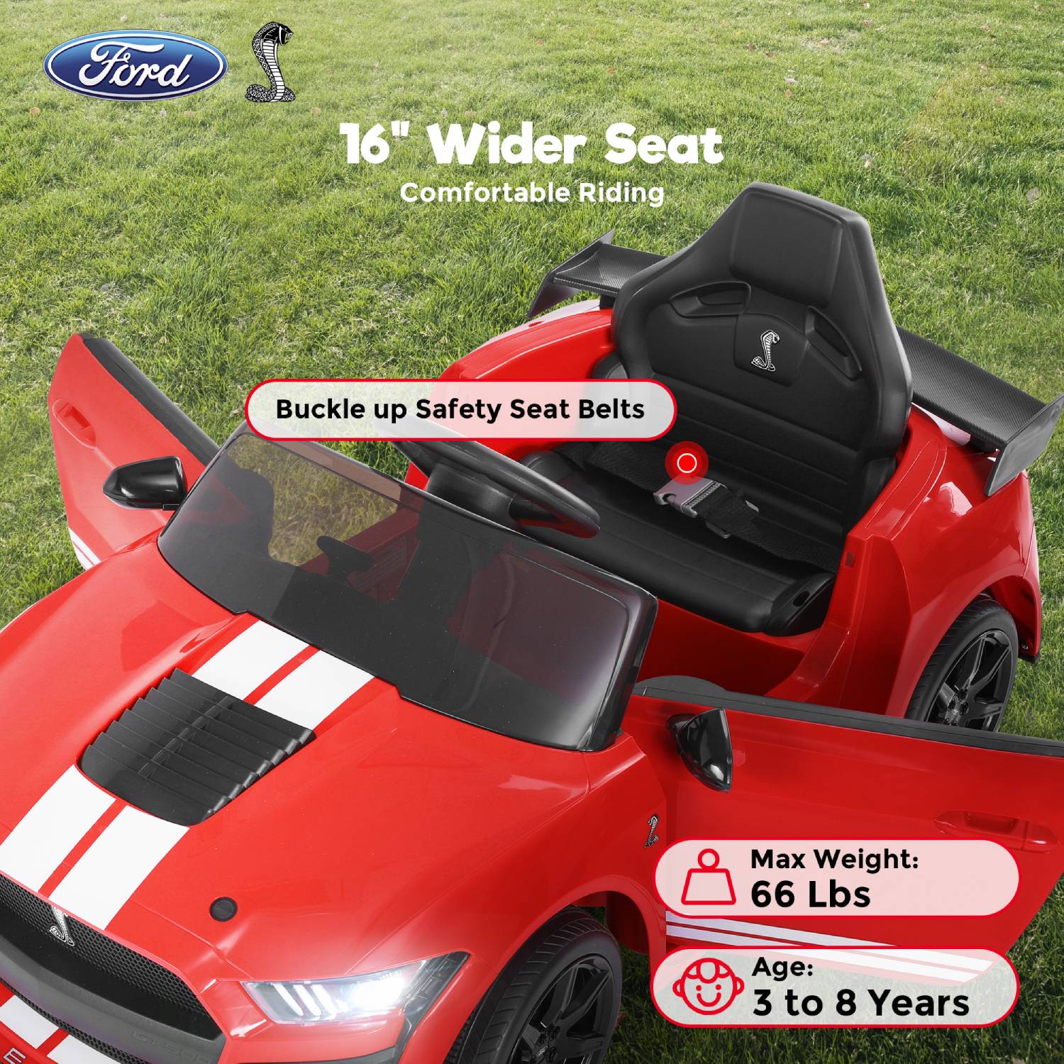 SUSIELADY 12 V Licensed Ford Mustang Shelby GT500, Kids Ride On Car with Parent Remote Control, 3 Speeds, Spring Suspension, Safety Belt, Music Player, Electric Vehicles Toy