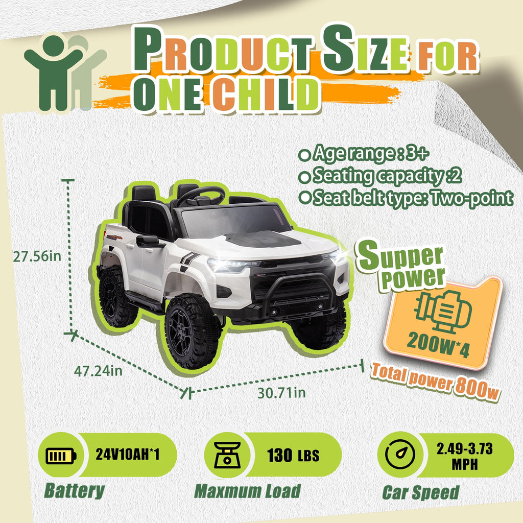 Track 7 24V Ride on Car, 2-Seater Kids Ride on Pickup Car with Remote Control, Bluetooth, 4 x 200W Motor Electric Car, 3 speeds, LED Lights, Spring Suspension, White