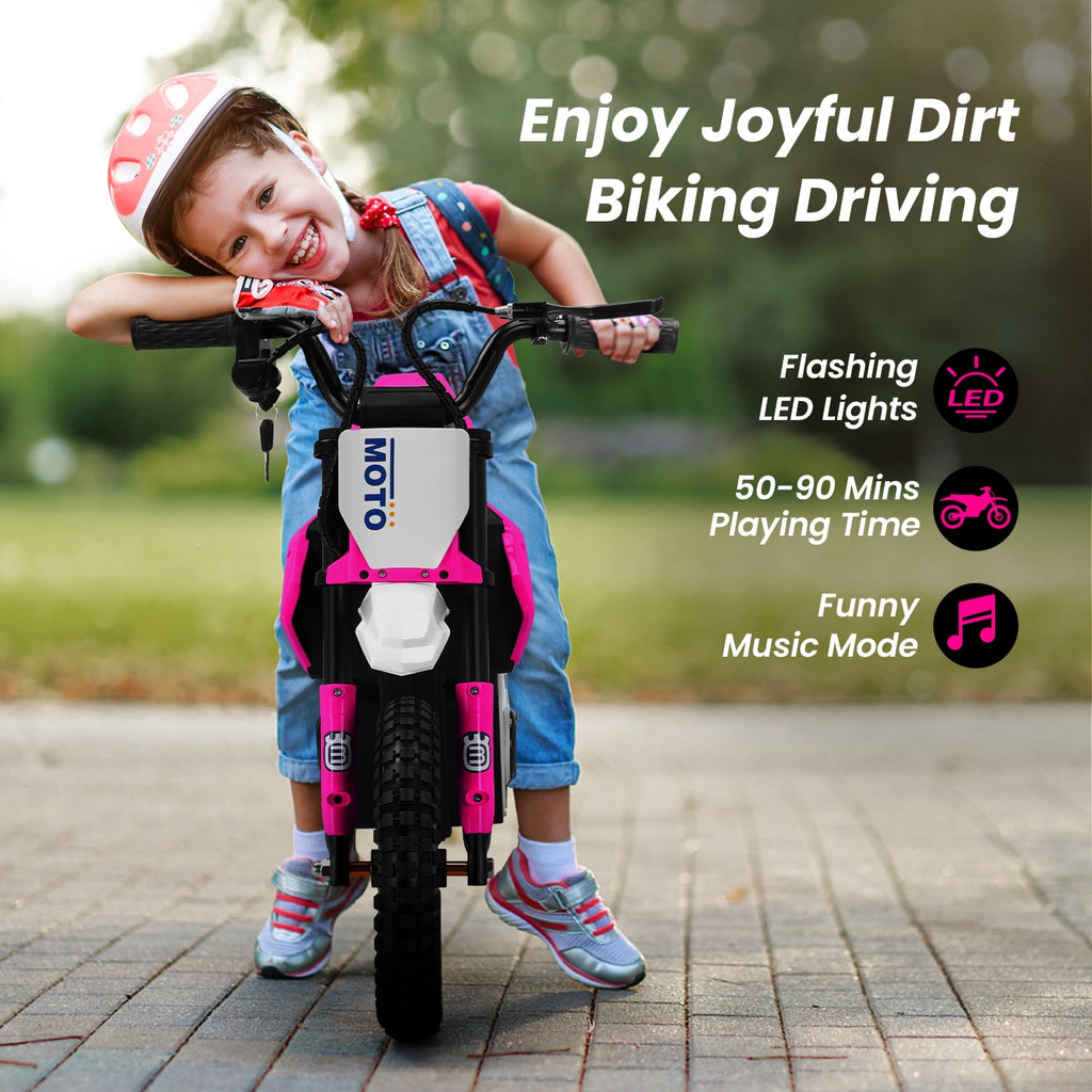 Track Seven 24V Electric Dirt Bike, 200W Motocross Ride on Motorcycle with Hand Operated Brakes, Adjustable Speed, LED Lamp, Music, Max Speed 10mph, Electric Motorcycle for Kids Age 5+, Pink