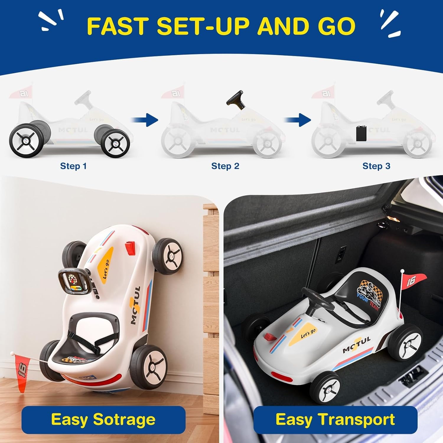 Track 7 12V Ride on Go Kart, Kids Electric Drifting Go Kart with Remote Control, Flashing Taillight, Bluetooth, Storytelling, Max Speed 3.7 mph, Portable Electric 4-Wheeler Car for Boys Girls Age 3+, White