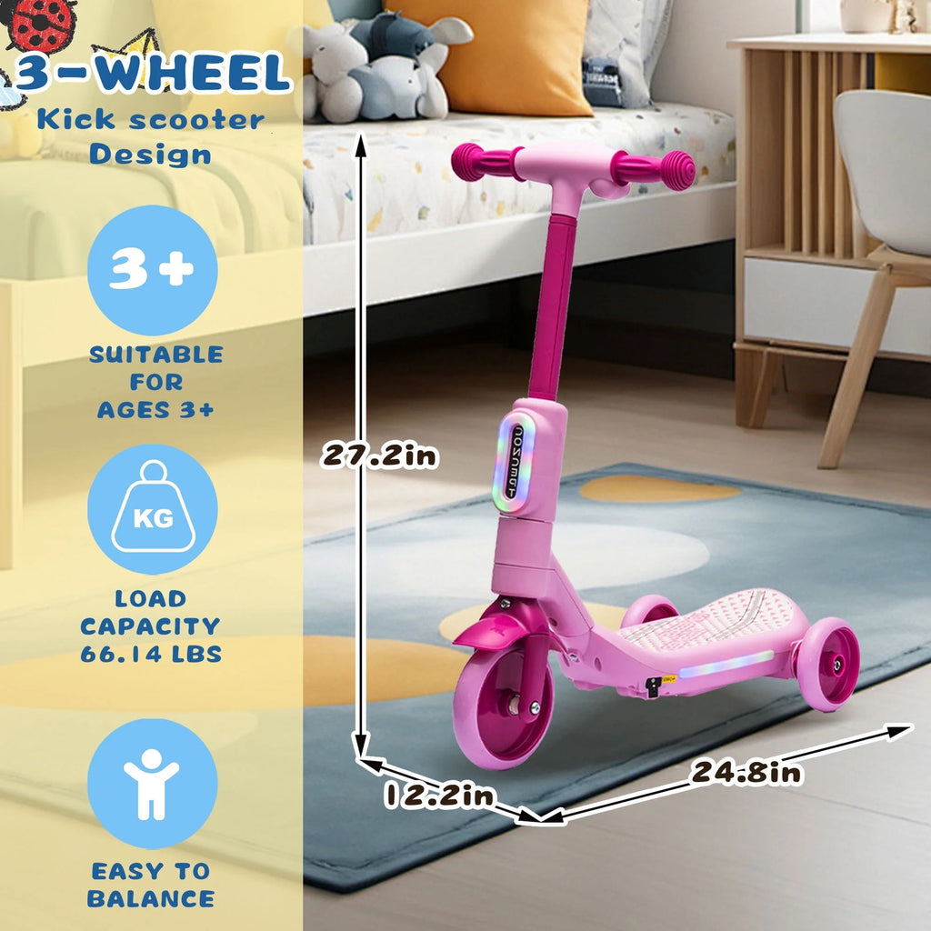 Track Seven Electric Scooter for Kids, 3 Wheels Kids Kick Scooter with Spray, LED Lights, PU Wheels, Wide Pedal, Music, Independent Light Switch, 6V Scooter for Boys Girls Toddlers Ages 3-6, Pink
