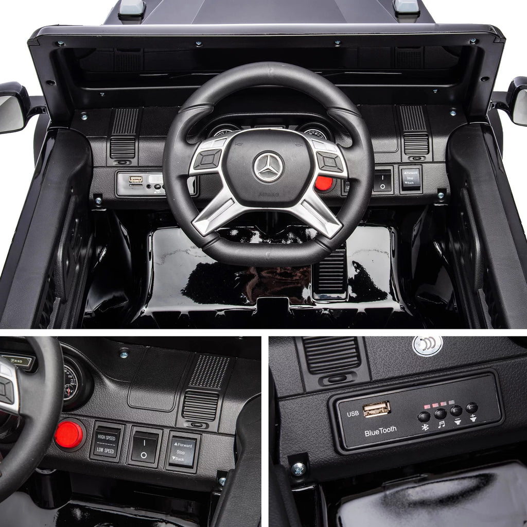 Track Seven 24V Ride on Car, Licensed Mercedes Benz G63 24V Electric Car with Remote Control, Music, Bluetooth, Leather Seat, 6 Wheels Kids Ride on Truck, Black