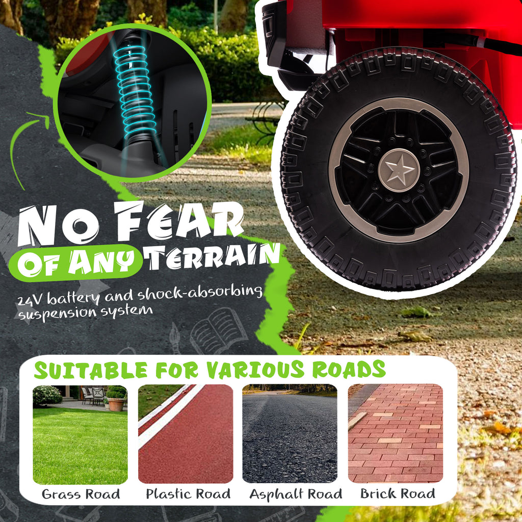 Track 7 24V Two-Seater Kids Ride-On Truck, Parents Control, 4WD Suspension, LED/MP3/Bluetooth, 2 Seat Belts, Ages 3+, Red