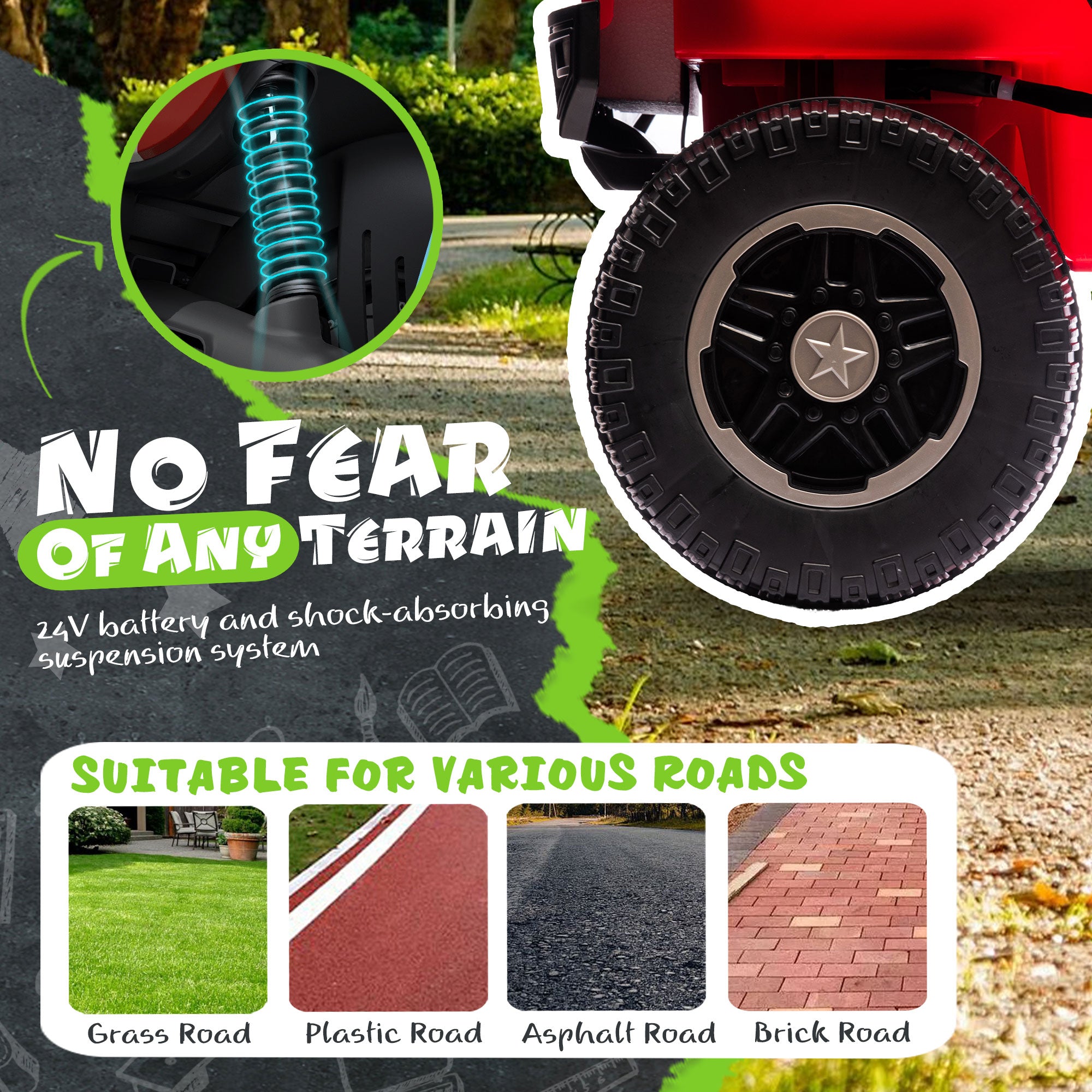 Track 7 24V Two-Seater Kids Ride-On Truck, Parents Control, 4WD Suspension, LED/MP3/Bluetooth, 2 Seat Belts, Ages 3+, Red