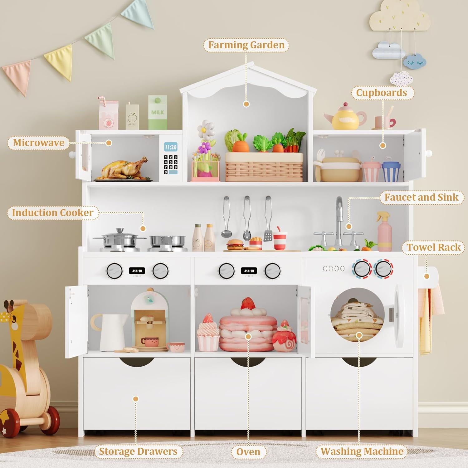 Track Seven Wooden Play Kitchen for Kids and Toddler, Toy Kitchen Playset with Plenty of Pretend Play Features and Storage Drawers, Gift for Boys and Girls, White