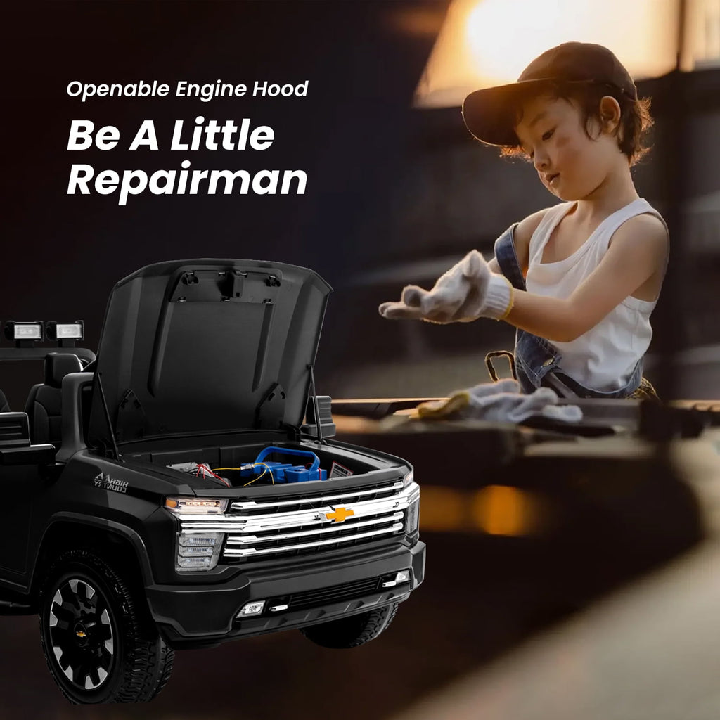 Track 7 24V Ride on Car, Licensed Silverado HD 2 Seater Electric Car for Boys Girls Age 3+, 24V Ride on Truck w/Remote Control, Music, ABC, Black
