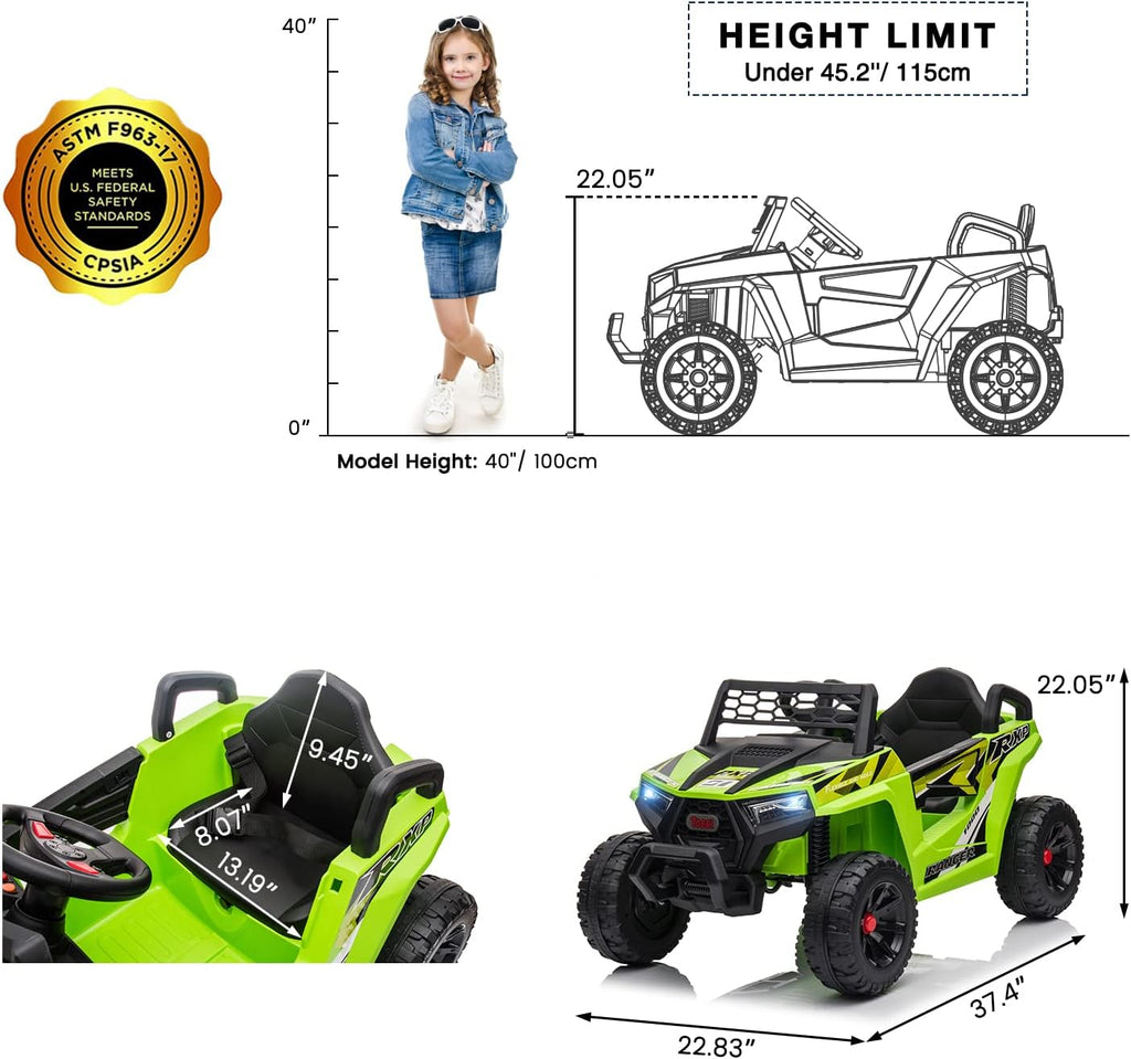 Track 7 12V Kids Ride on Truck, Electric Off-Road UTV Truck with Forward and Reverse Functions, Double Open Doors, Safety Belt, Music and Lights for Kids Aged 3-6 Years, 5 Mph Max Speed, Green