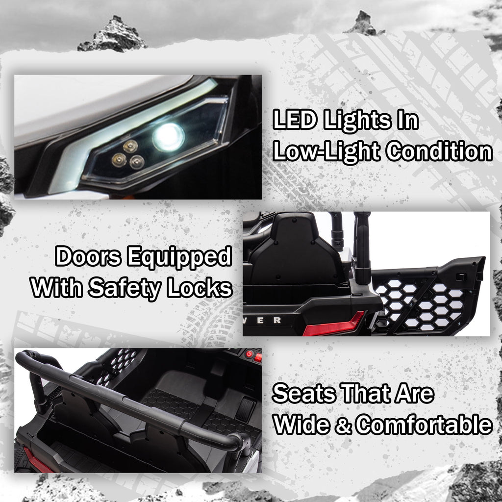 Track 7 24V Ride on UTV, Kids Ride on Car with Remote Control, Off-Road Electric UTV, 20" Large Seat, Bluetooth, LED Lights, Rear Storage, Early Education, Electric Car for Kids Age 3+, White