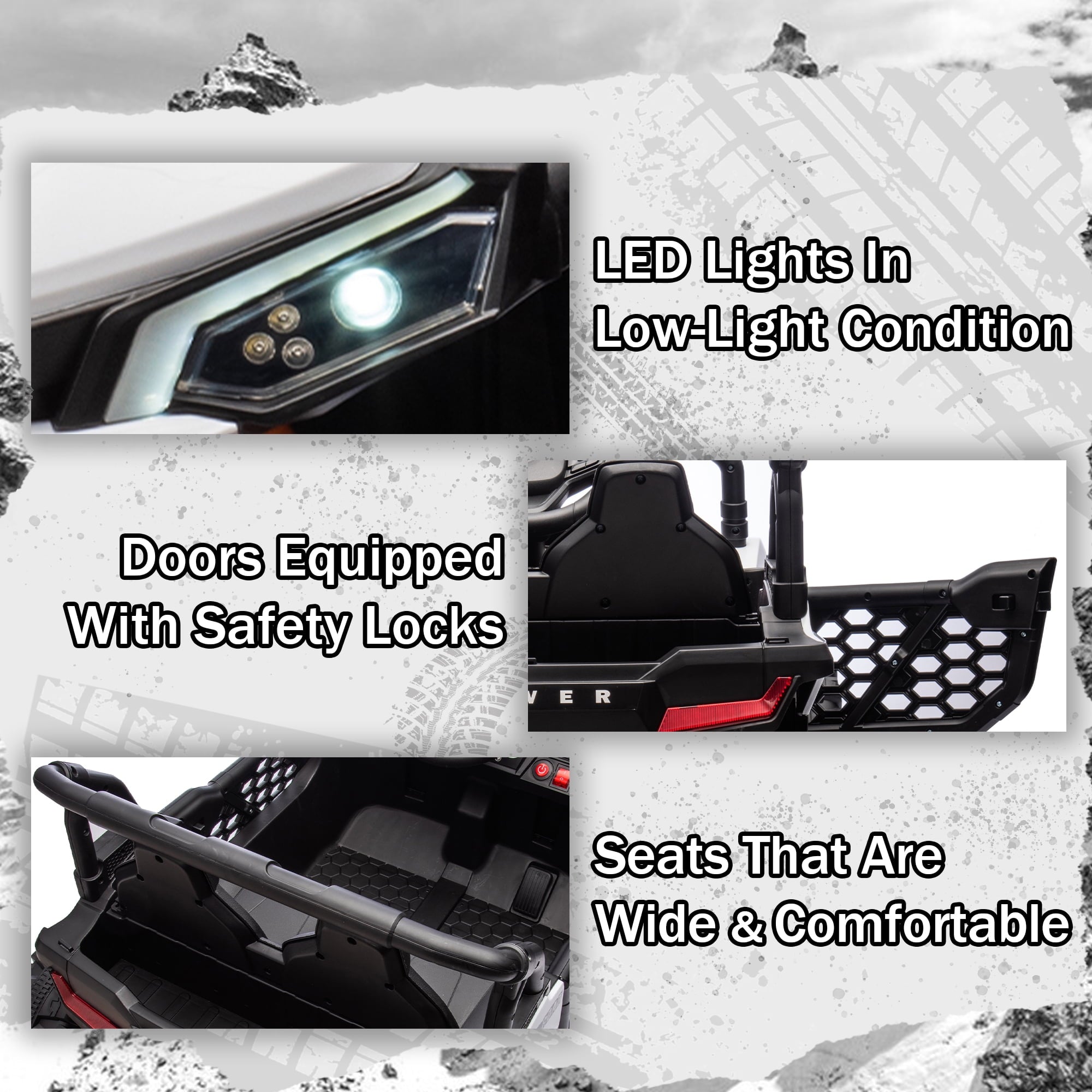 Track 7 24V Ride on UTV, Kids Ride on Car with Remote Control, Off-Road Electric UTV, 20" Large Seat, Bluetooth, LED Lights, Rear Storage, Early Education, Electric Car for Kids Age 3+, White