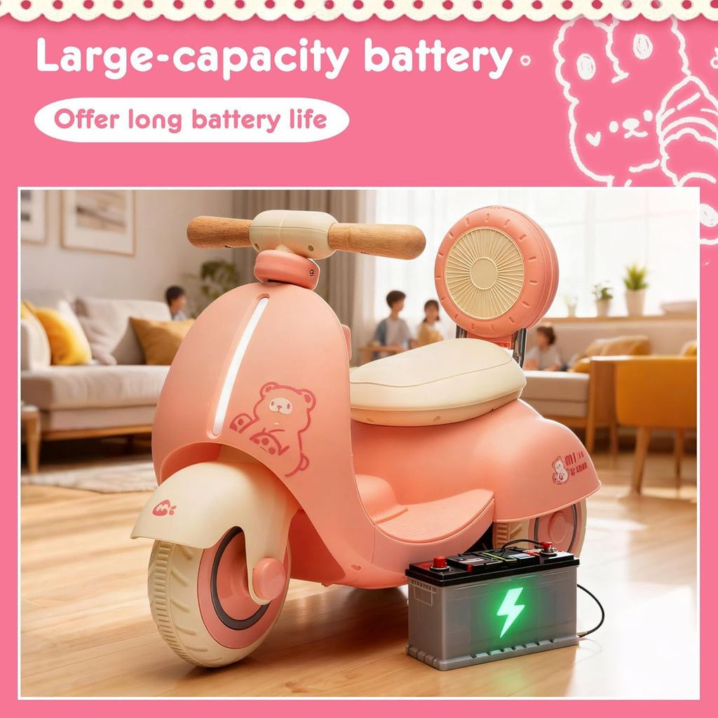 Track Seven 12V Ride on Motorcycle, 3-Wheel Toddler Electrc Scooter with Remote Control, Bluetooth, Wide Seat, Wooden Handle, Slow Start, Electric Motorycle for Boys Girls Aged 1-3 Years, Pink