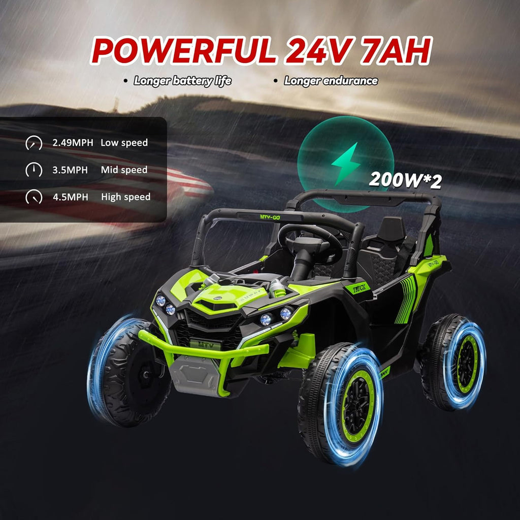 Track 7 24V 2-Seater Ride on UTV, 20" Large Seat, 2 x 200W Powerful Motors, 4.5 mph Max Speed, Ride on Car w/Remote Control, MP3, Lights, Battery Powered Electric Car for Boys Girls Age 3+, Green