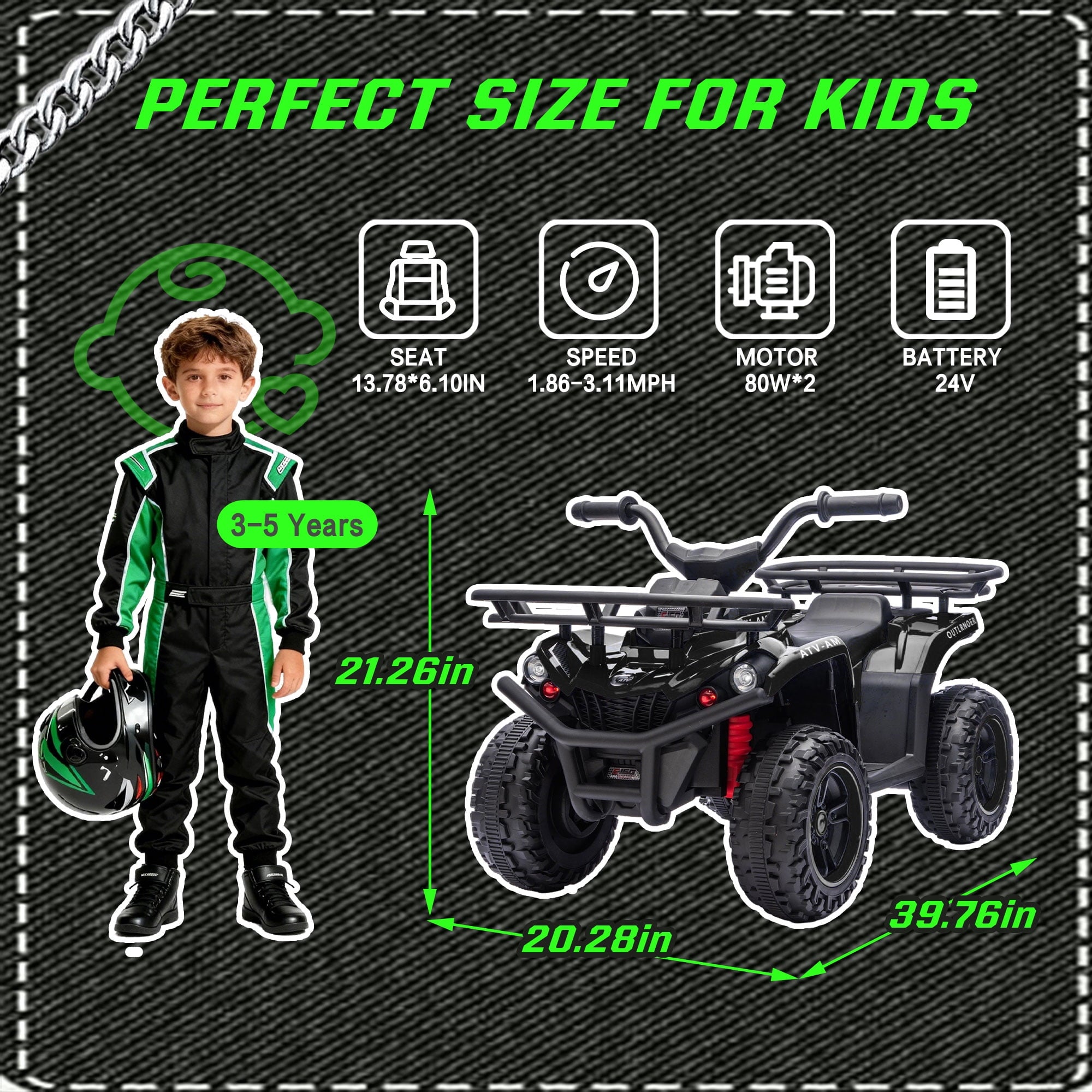 Track Seven 24V Ride on ATV, Kids ATV 4 Wheeler Quad Ride on Toy with Bluetooth, Crash Bar, Front & Rear Storage Rack, Power Display, LED Lights, Electric ATV for Boys Girls Aged 3+, Black
