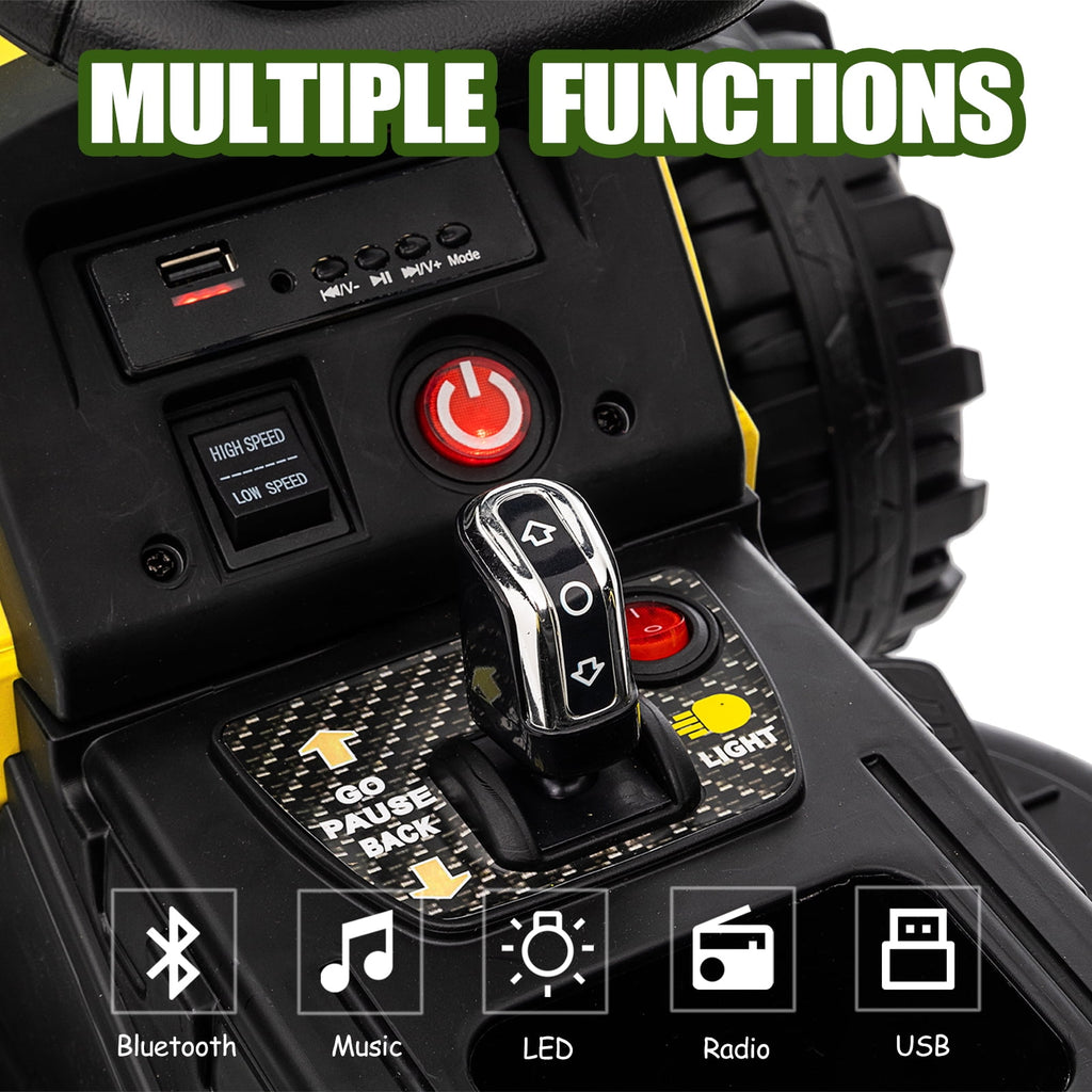 Track 7 12V Ride on Tractor with Trailer, 3-Gear-Shift Ground Loader, Kids Ride on Car with Remote Control, Bluetooth, Music, LED Lights, Electric Car for Boys Girls, Yellow