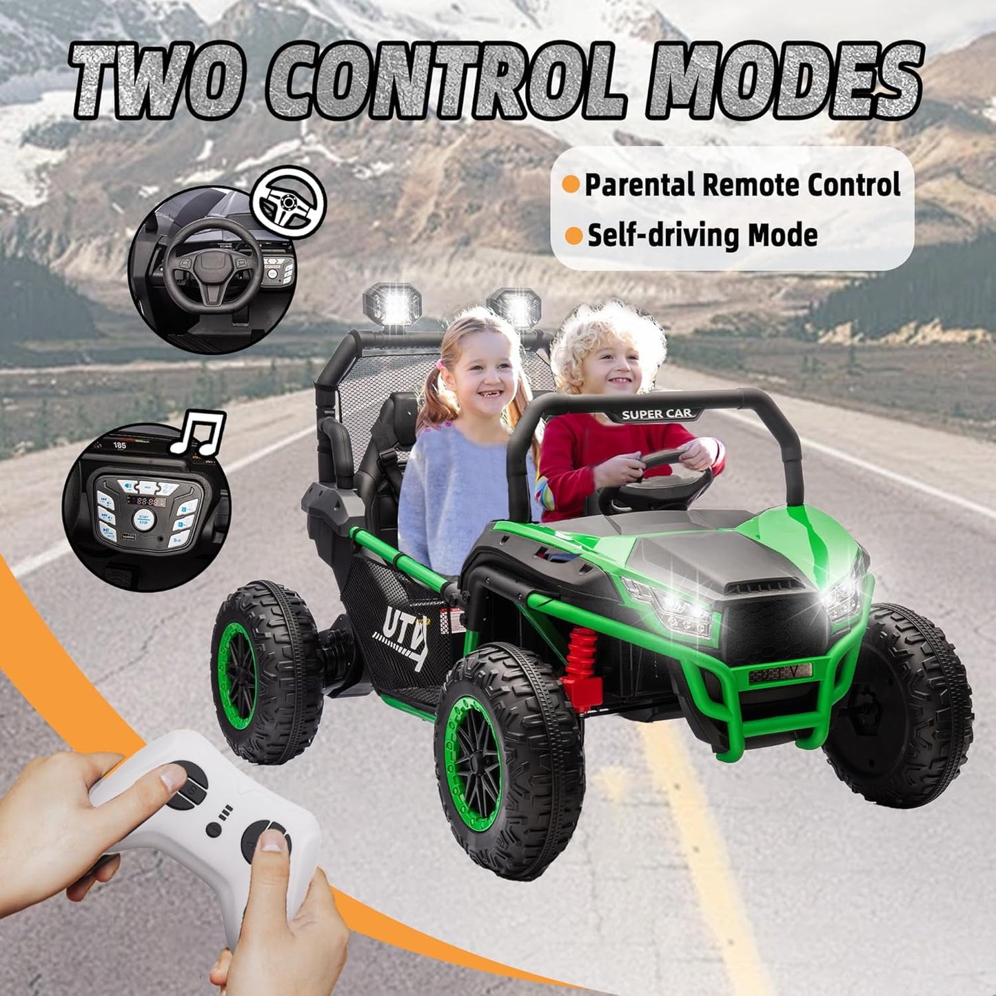 Track 7 24V Ride on Car for Kids, 2 Seater Ride on UTV with Remote Control, 20" Seat Width, 400W Electric Car, LED Lights, Rear Searchlight, Bluetooth, Rear Storage, 5 mph High Speed, Green