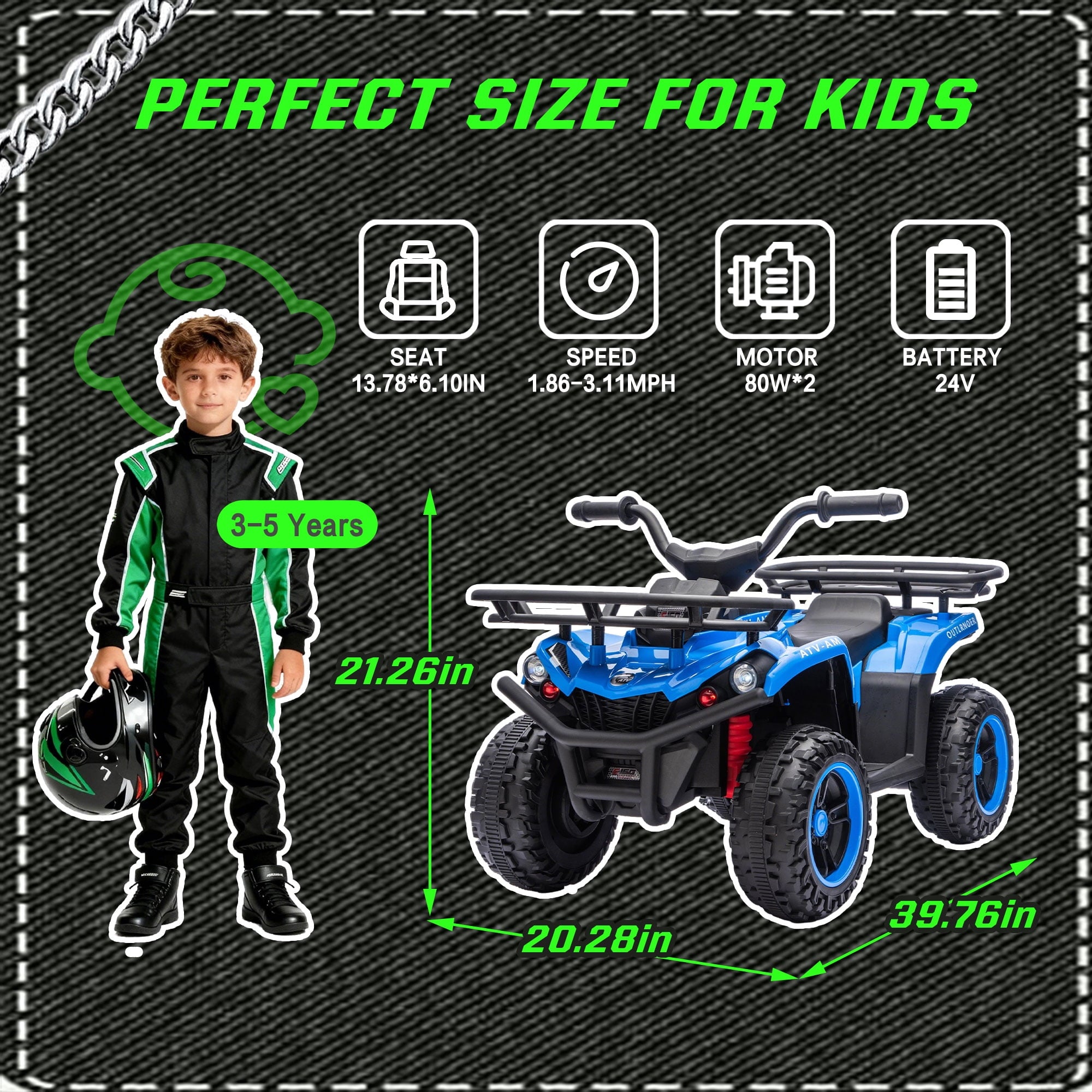 Track Seven 24V Ride on ATV, Kids ATV 4 Wheeler Quad Ride on Toy with Bluetooth, Crash Bar, Front & Rear Storage Rack, Power Display, LED Lights, Electric ATV for Boys Girls Aged 3+