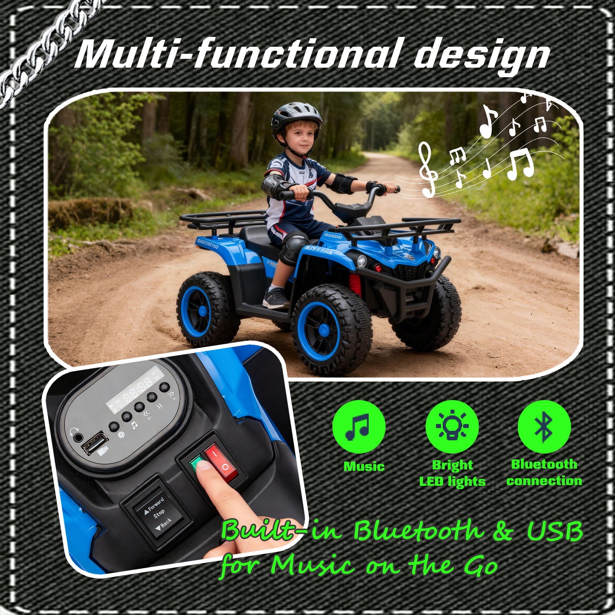 Track Seven 24V Ride on ATV, Kids ATV 4 Wheeler Quad Ride on Toy with Bluetooth, Crash Bar, Front & Rear Storage Rack, Power Display, LED Lights, Electric ATV for Boys Girls Aged 3+