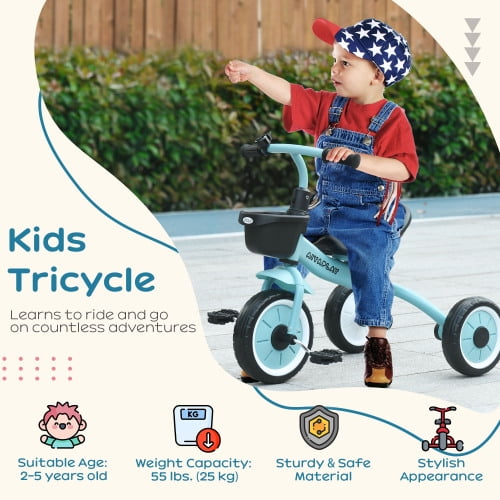 Track 7 Kids Tricycle for Toddlers Age 2-5 with Adjustable Seat, Toddler Bike for Children with Basket, Bell, Handlebar Grips, Gift for Boys Girls, Blue