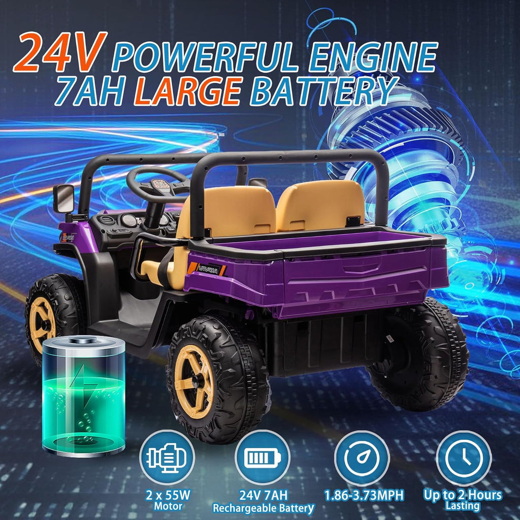 Track 7 24V 2 Seater Ride on Car, 25.79" Width Large Seat, 24V Ride On UTV w/Remote Control, Automatic Tipping Bucket, Bluetooth, Portable Handle, Electric Car Truck for Boys Girls Age 3+, Purple