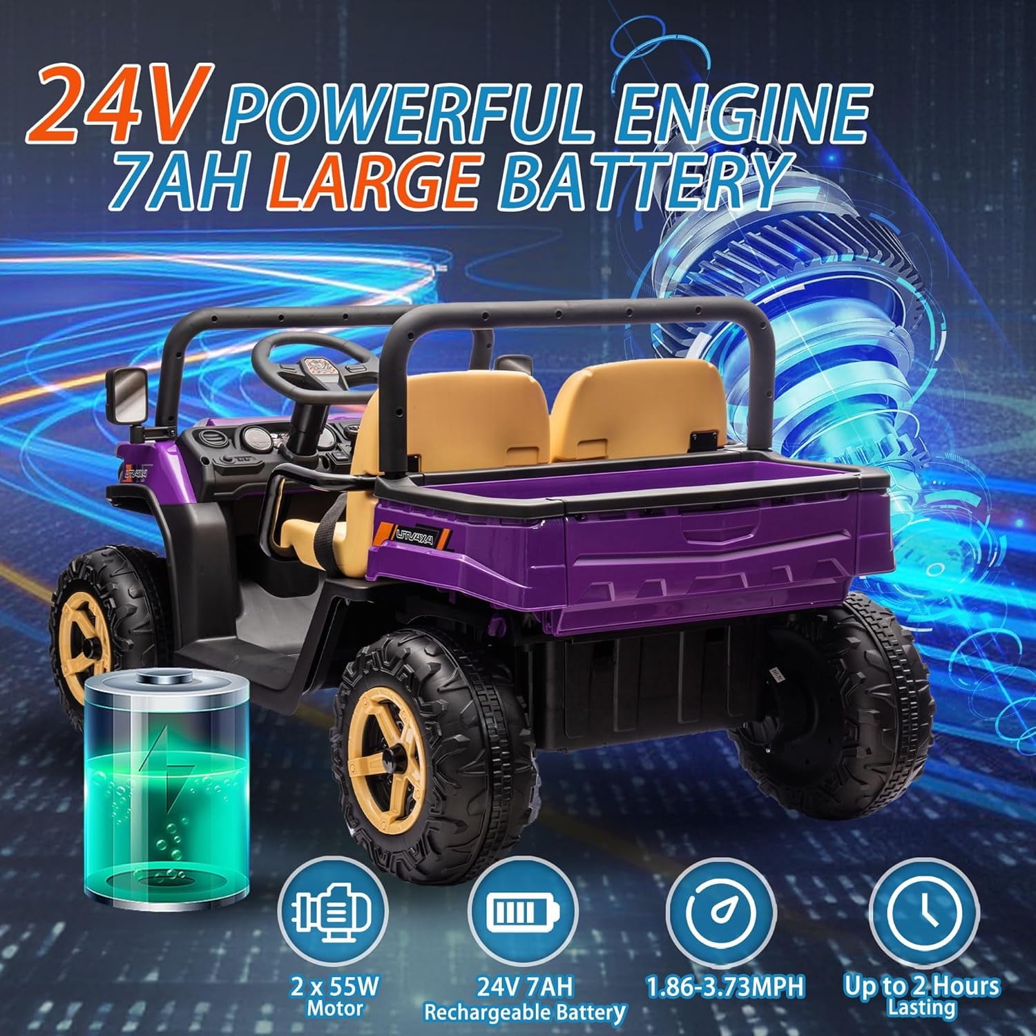 Track 7 24V 2 Seater Ride on Car, 25.79" Width Large Seat, 24V Ride On UTV w/Remote Control, Automatic Tipping Bucket, Bluetooth, Portable Handle, Electric Car Truck for Boys Girls Age 3+, Purple