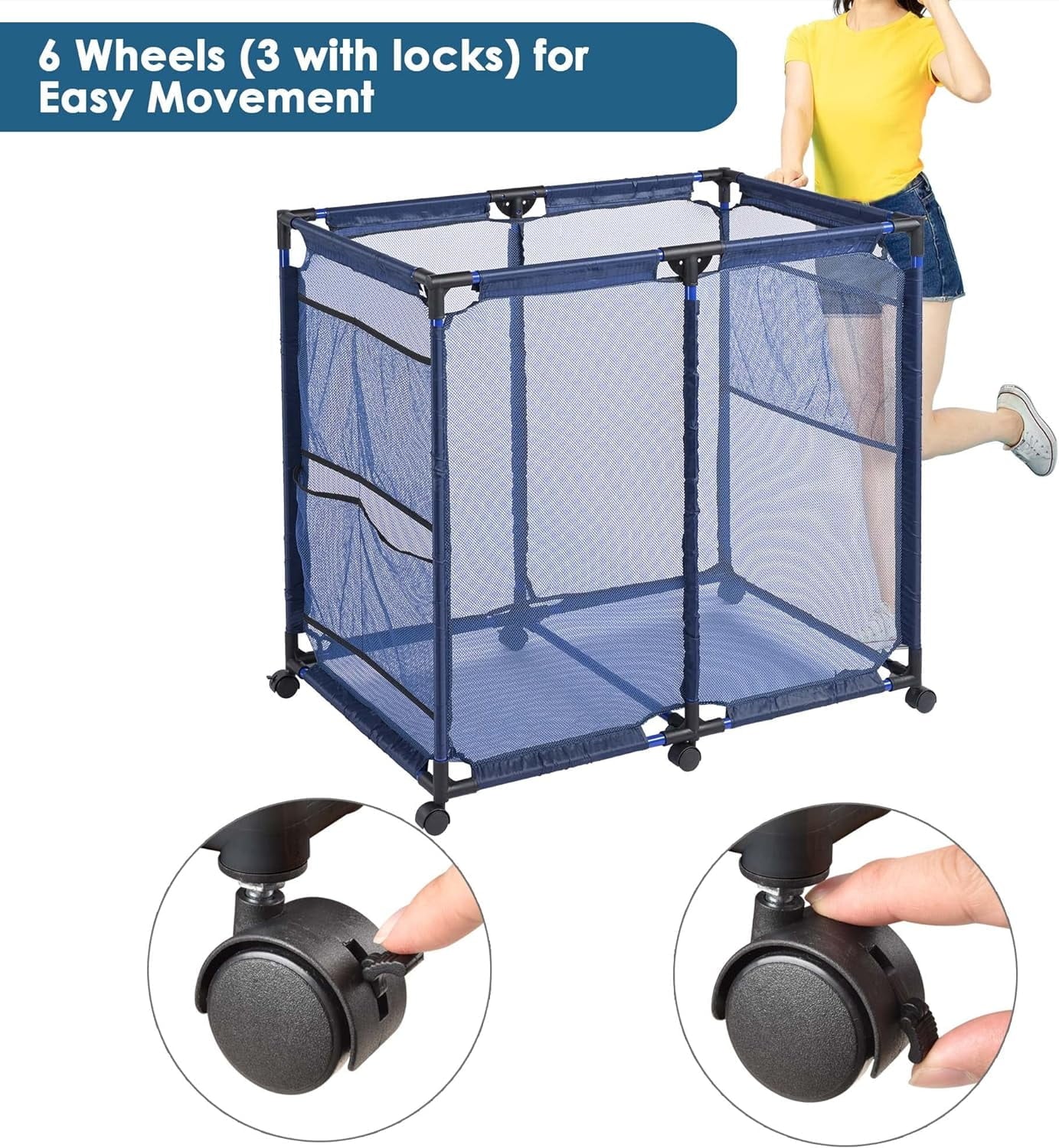 COOKCOK Pool Storage Bin Cart, Rolling Pool Storage Mesh Basket Organizer, Large Capacity Swim Accessories Holder for Pool Balls, Noodles, Floats, Beach Towels, 36" L x24 W x 35"H, Blue