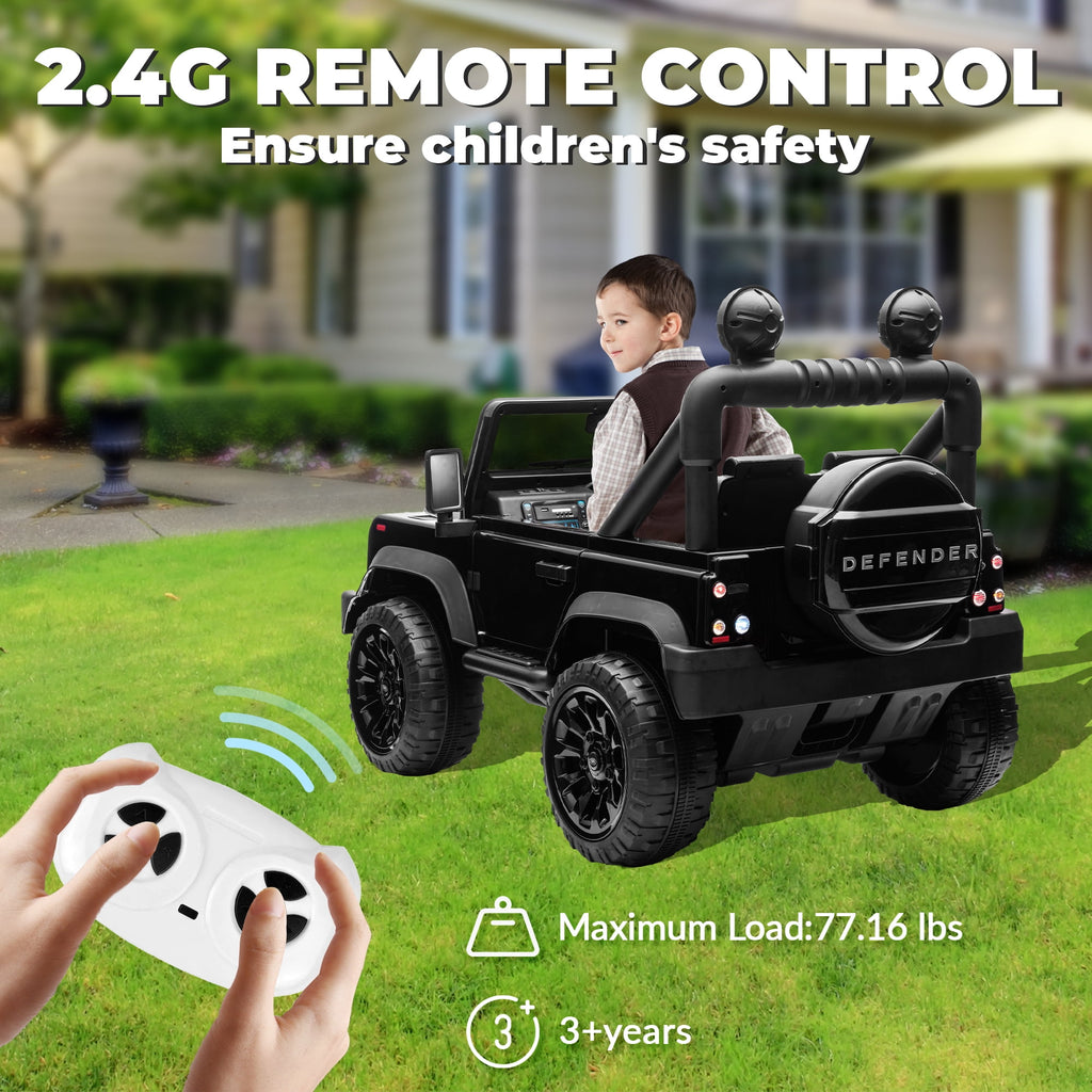 Track Seven Licensed Land Rover Defender Volta 5008 24V Ride-On Car, Electric Car with Remote Control, 2WD Drive, Bluetooth, LED Lights, Key Start, Rear Storage, 24V Ride on Toys for Ages 3+, Black