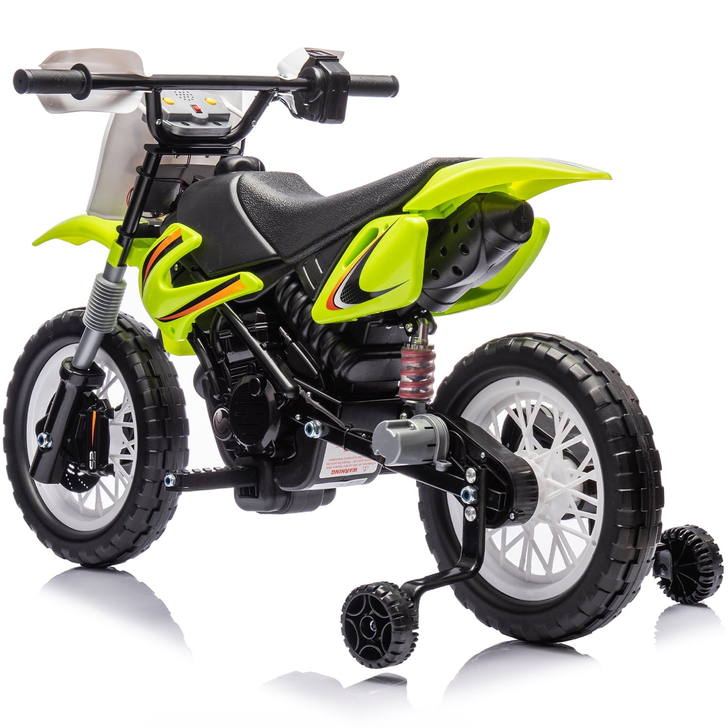 Track Seven 12V Electric Ride On Motorcycle, Kids Motorcycle with Removable Training Wheels, Twist Grip Throttle, Rear Suspension, Music, Electric Dirt Bike for Boys Girls Age 3+, Green