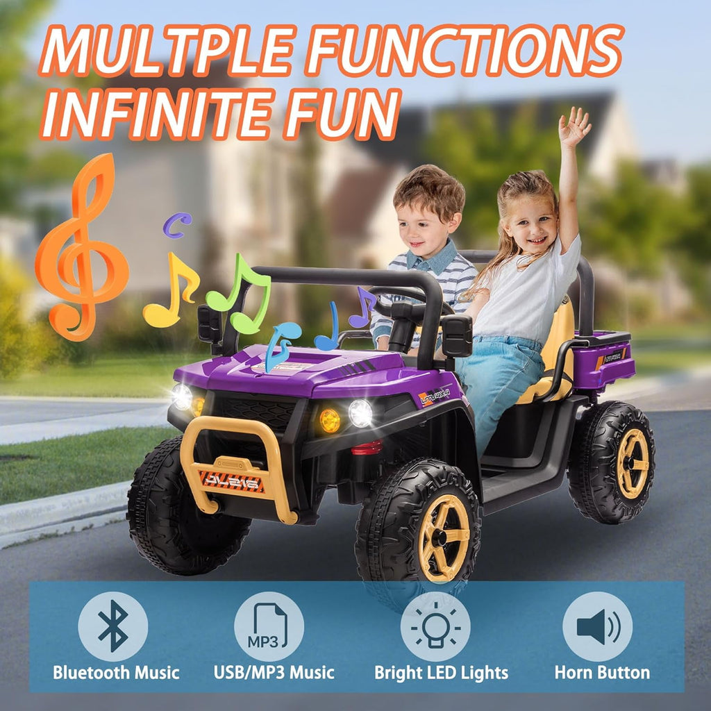 Track 7 24V 2 Seater Ride on Car, 25.79" Width Large Seat, 24V Ride On UTV w/Remote Control, Automatic Tipping Bucket, Bluetooth, Portable Handle, Electric Car Truck for Boys Girls Age 3+, Purple
