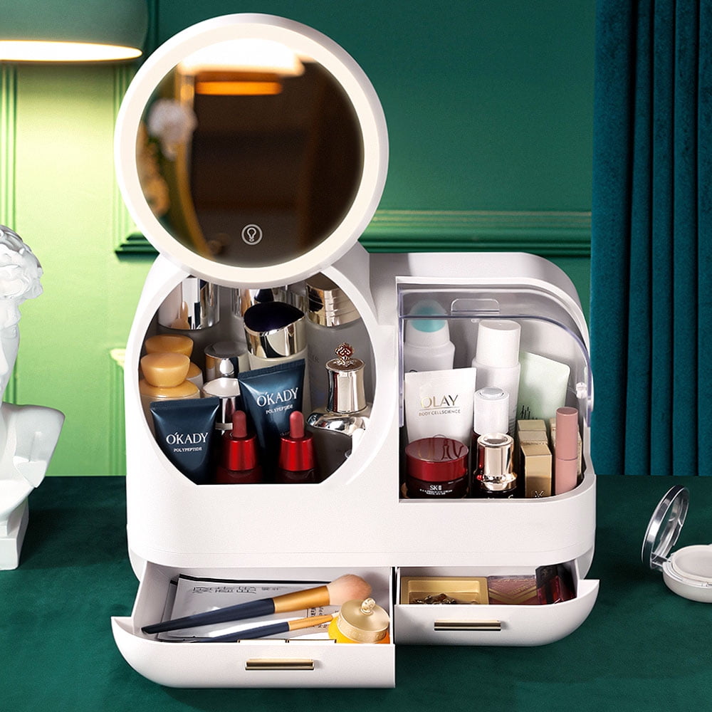 COOKCOK Makeup Storage Organizer,  Standing Countertop Multifunctional Cosmetic Organizer with Fan and 360° Rotating 3 Color Adjustable LED Mirror, White