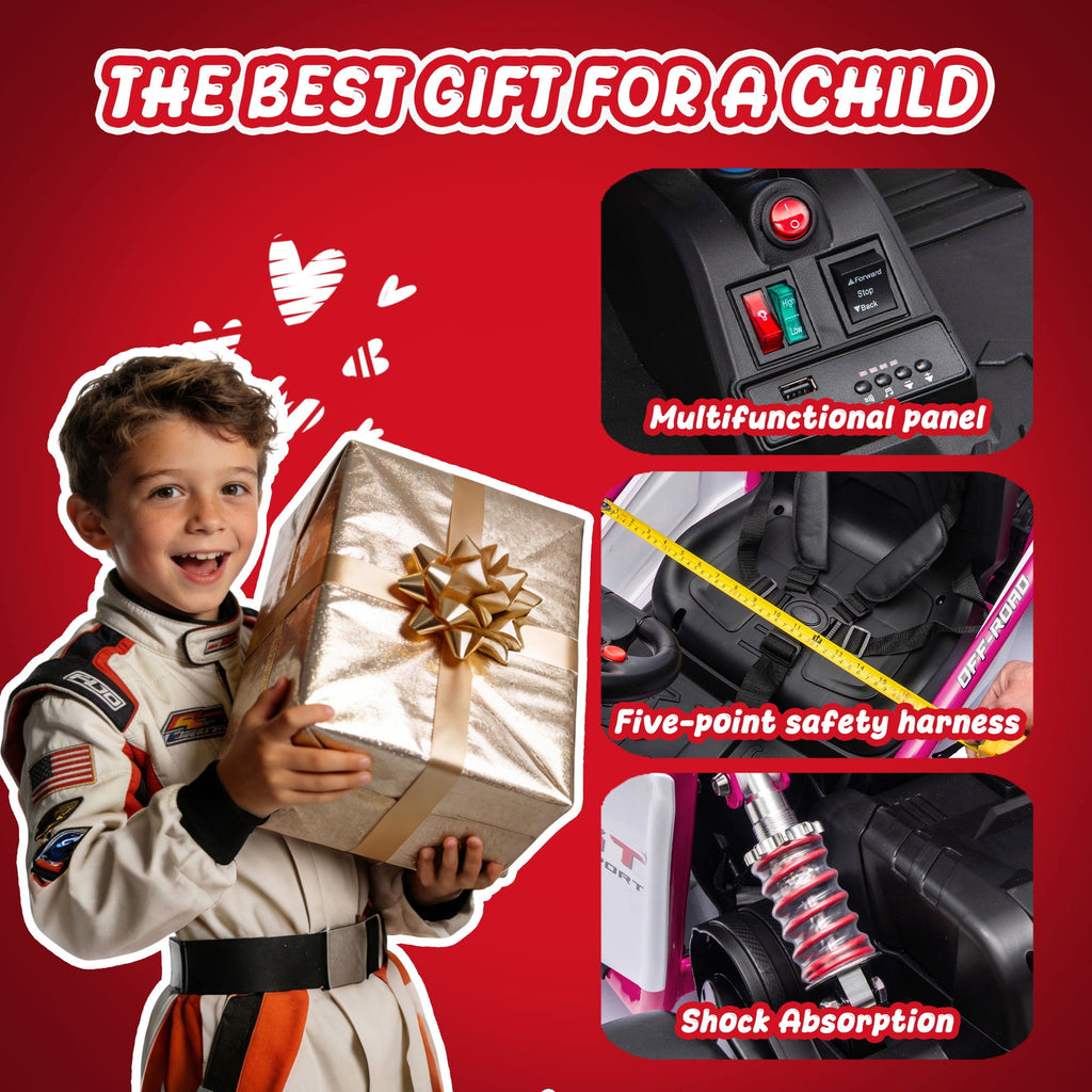 Track Seven 24V Electric Go Kart for Kids, Drift Crazy Cart with 400W Motors, Max 7 Mph, Protective Roll Cage, Metal Frame, 5-Point Harness, Bluetooth, 24V Ride on Toy Car Kart for Kids Aged 6+, Pink