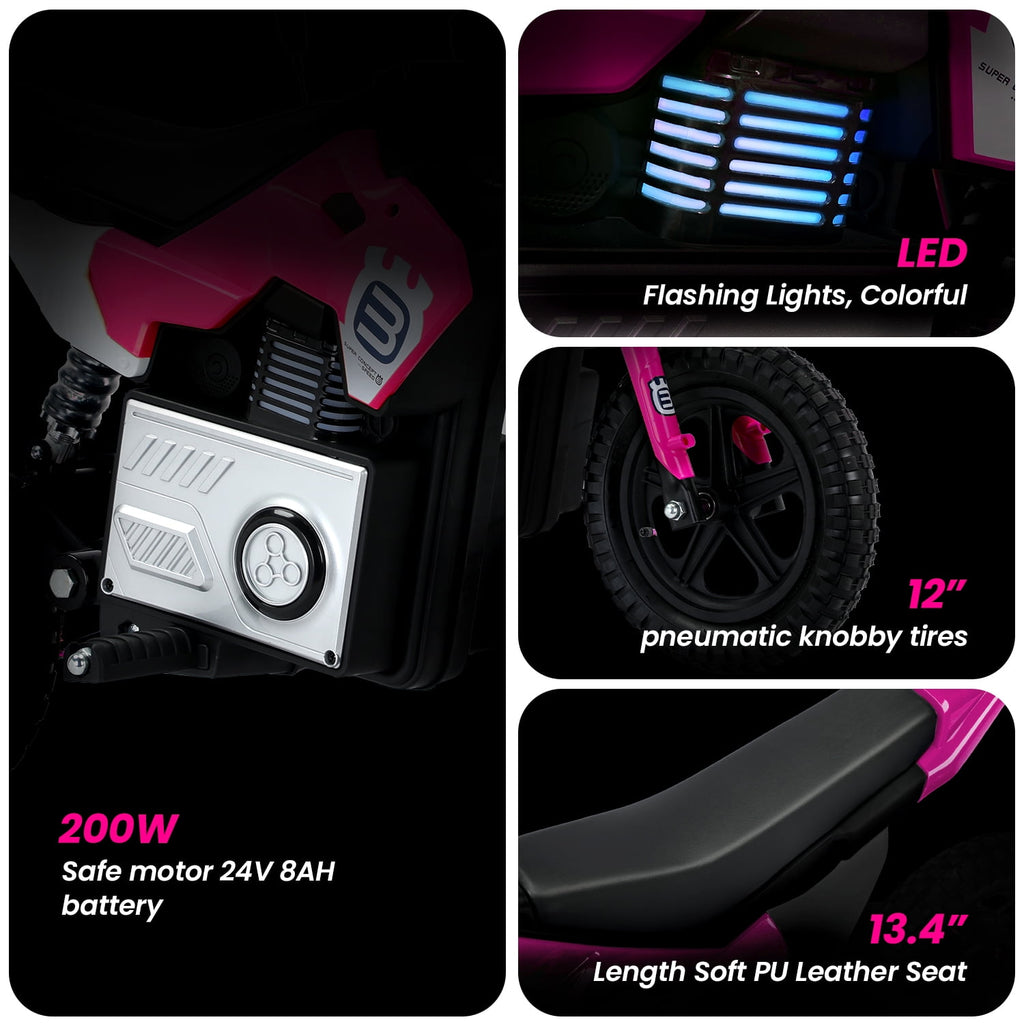 Track Seven 24V Electric Dirt Bike, 200W Ride on Motorcycle with Twist-Grip Throttle, LED Lamp, Music, Key Start, Up to 9.3 Mph, Ride on Toy Electric Bike for Kids Age 5+