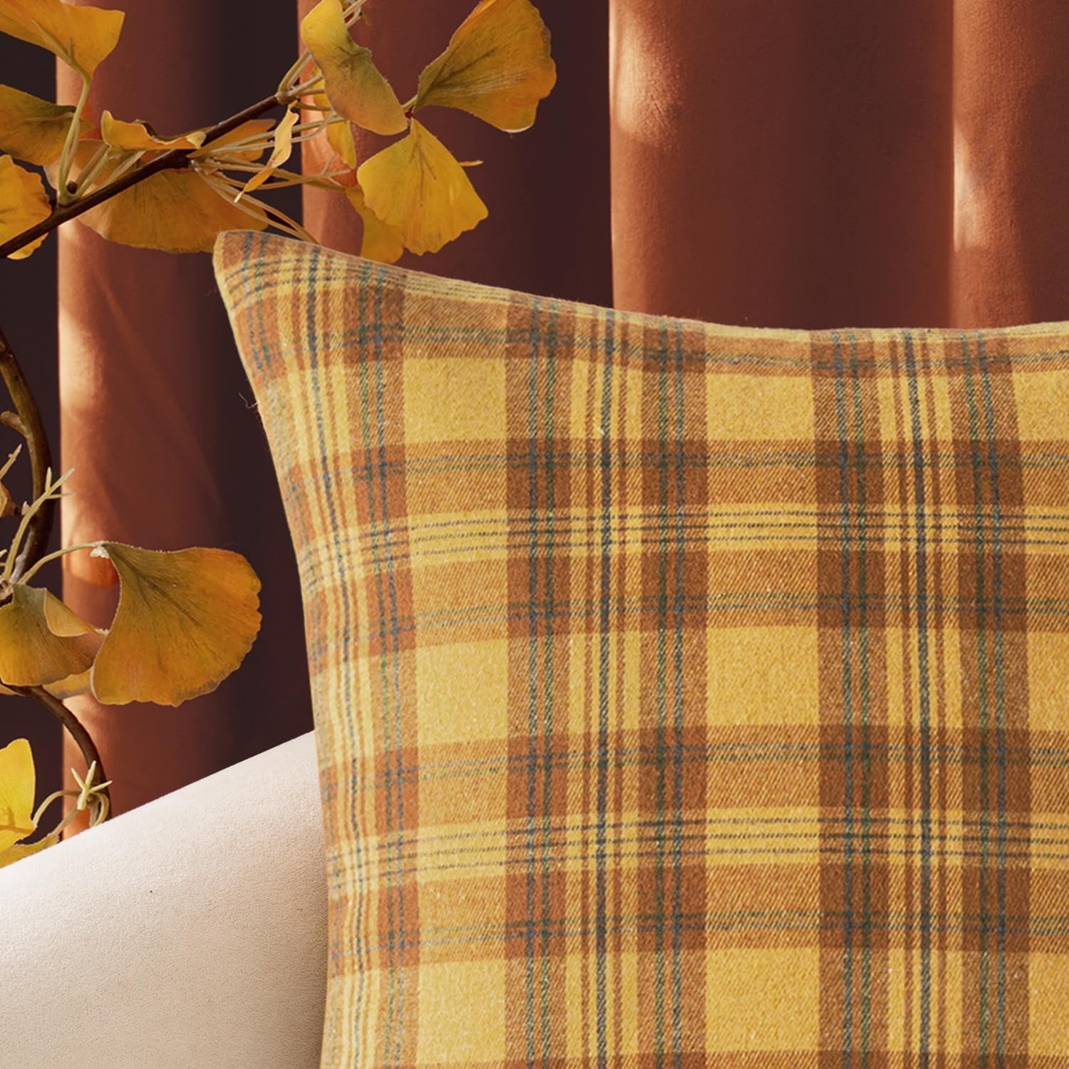 COOKCOK Christmas Set of 2 Scottish Tartan Plaid Throw Pillow Covers Farmhouse Classic Decorative Outdoor Square Cushion Cases for Decor Sofa Couch 18x18 Inch, Orange