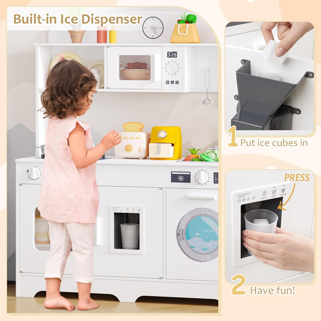 Track Seven Play Kitchen for Kids, Wooden Kids Kitchen Playset with Storage and Realistic Details, Pretend Play Kitchen Set with Ice Maker, Clicking Knobs, Sink, Washing Machine For Toddlers Ages 3+