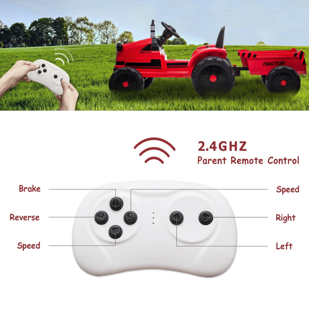 Track 7 12V Ride on Tractor with Trailer, 6-Wheel Electric Truck for Boys Girls, Kids Ride on Car with Remote Control, Music, Lights, Red