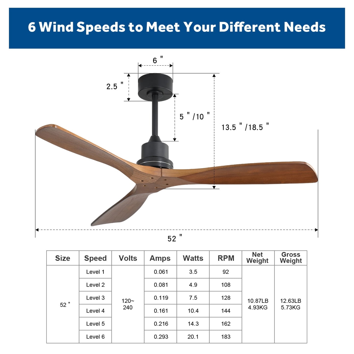 COOKCOK 52" Ceiling Fan, Outdoor Wood Ceiling Fan with Remote, 3 Carved Wood Fan Blade, Reversible Motor, Brown