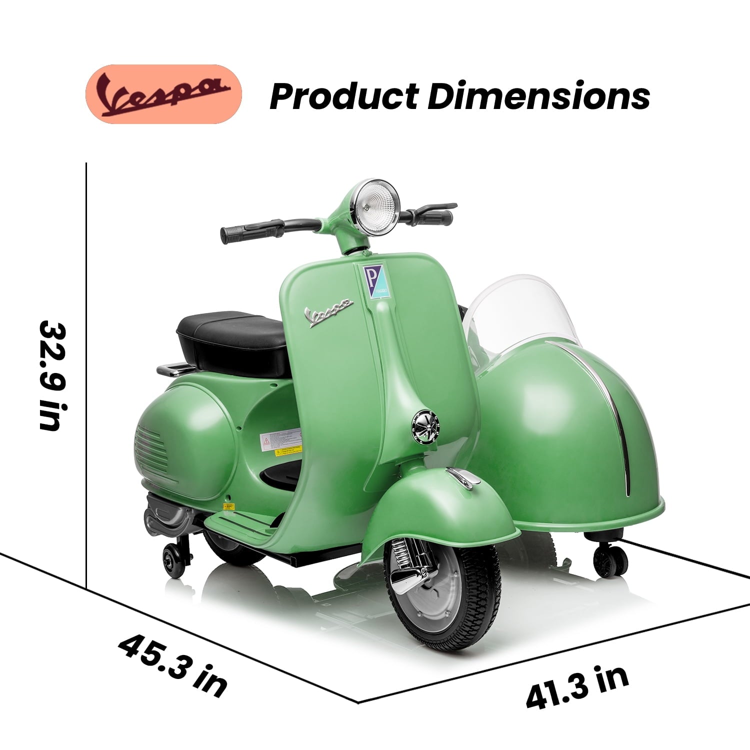 Track Seven 2-Seater Ride on Motorcycle, 12V Licensed Vespa Ride on Motorcycle wth Side Car, 2-Seater Ride on Car, Music, Max Speed 4.8mph, Green