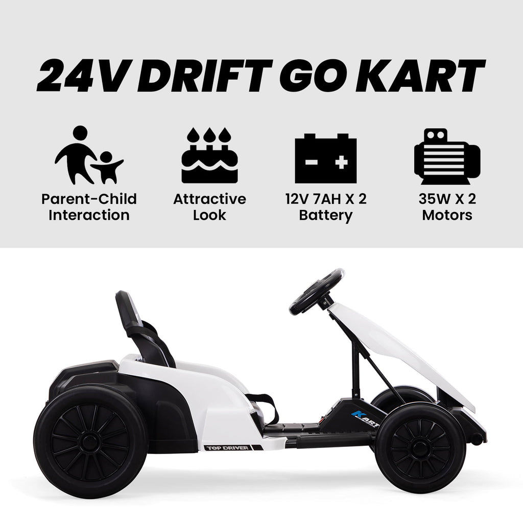 Track 7 24V Electric Drifting Go Kart for Kids,Max Speed Up to 8mph,Music,Safety Belt,Helmet,Knee Pads,Elbow Pads,Palm Pads.Electric Ride on Car,Racing Drift Kart for Kids Age 3+,White