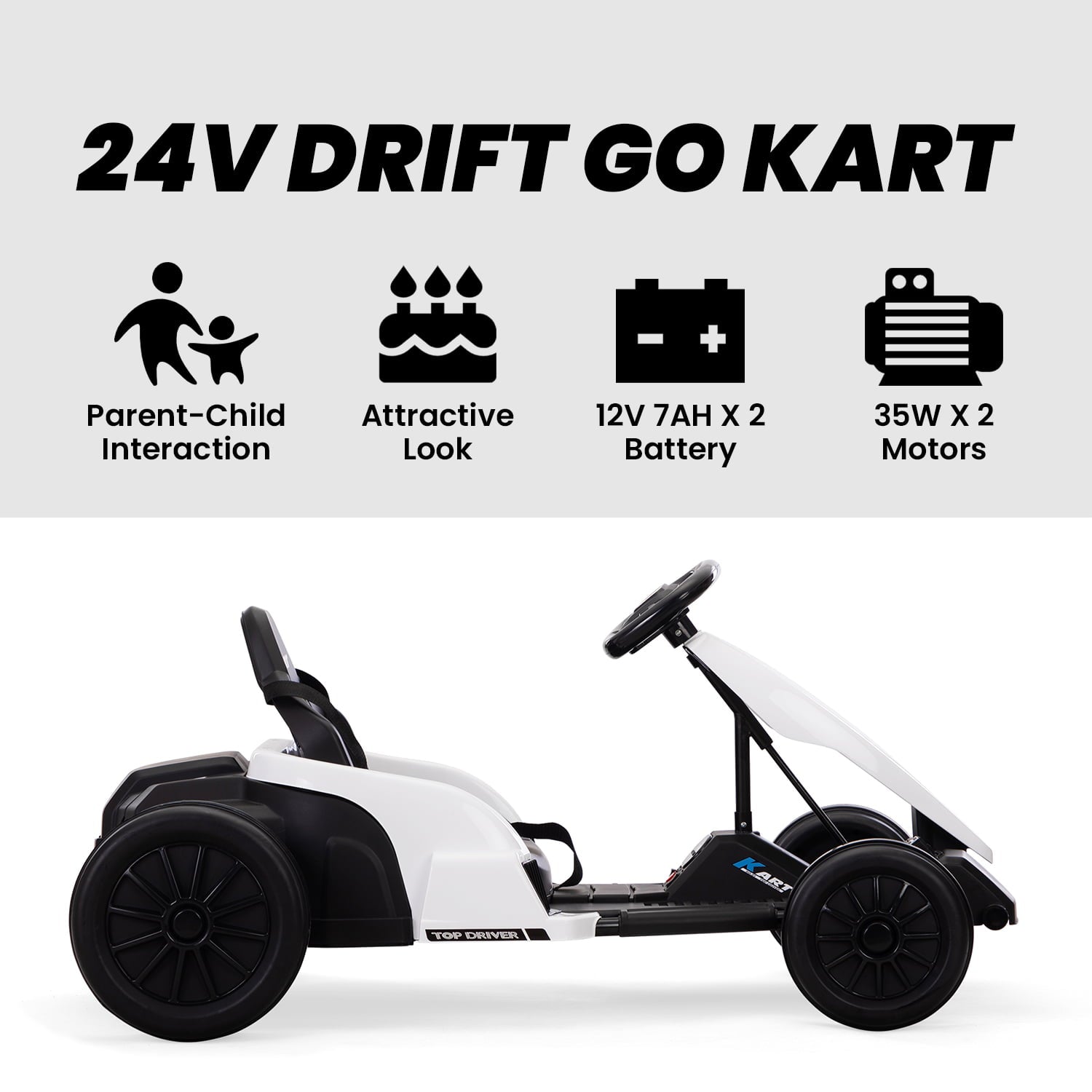 Track 7 24V Electric Drifting Go Kart for Kids,Max Speed Up to 8mph,Music,Safety Belt,Helmet,Knee Pads,Elbow Pads,Palm Pads.Electric Ride on Car,Racing Drift Kart for Kids Age 3+,White