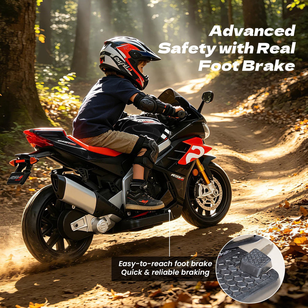 Track Seven 24V Ride on Motorcycle, Licensed Aprilia RSV4 Electric Motorcycle with Training Wheels, LED Lights, Music, Large Seat, Max 5 Mph, 24V Ride on Toy Car for Boys Girls Aged 3+, Black