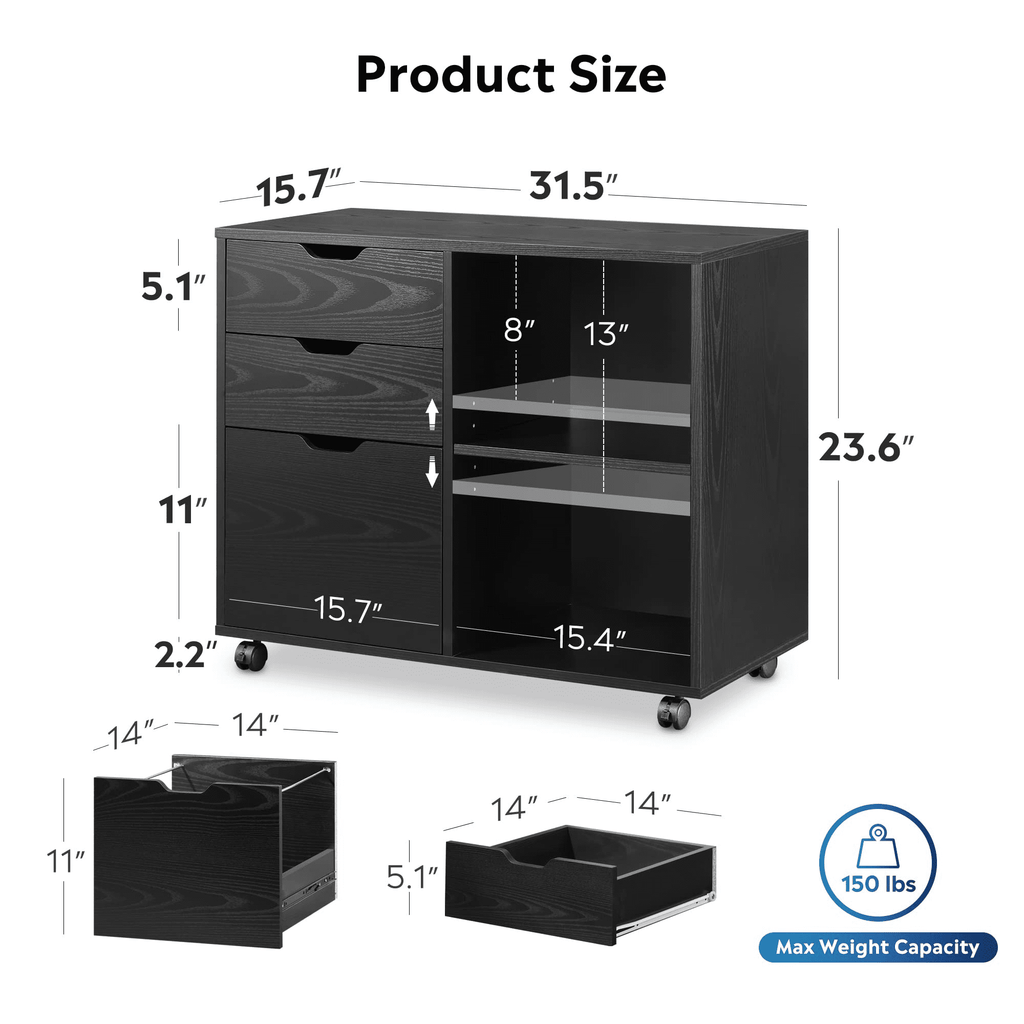 LISUEYNE 3-Drawer Wood File Cabinet, Mobile Lateral Filing Cabinet, Rolling Printer Stand with Open Storage Shelves for Home Office, Black