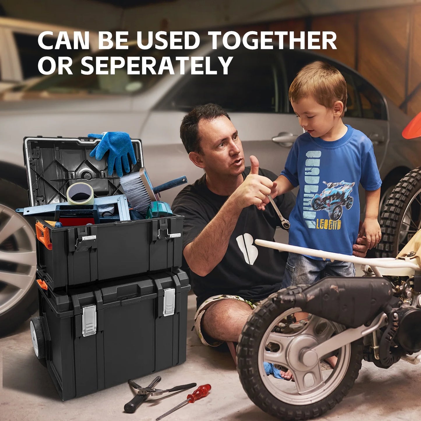 COOKCOK Stackable Storage System - 4 Pieces Set, Rolling Tool Box Set Mobile Tool Chest Storage Organizer Portable . Mobile Utility Cart with Comfort Grip Handle and Tough Latches, Black