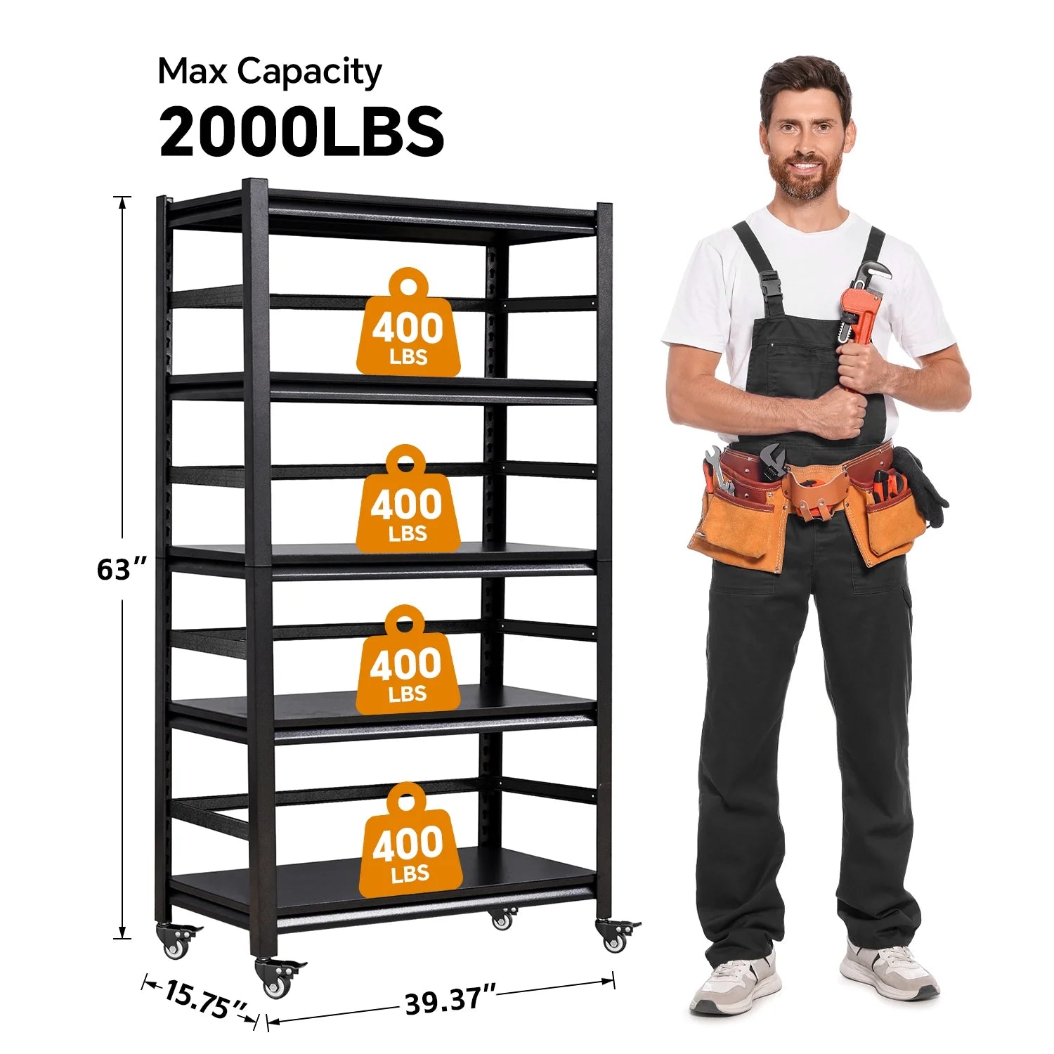 COOKCOK 5-Tier Storage Shelving Unit, Metal Shelf with Wheels, 39.4"x15.8"x 63", Adjustable Garage Storage Shelf, Load Up to 2000LBS, Kitchen Shelf with Protective Side